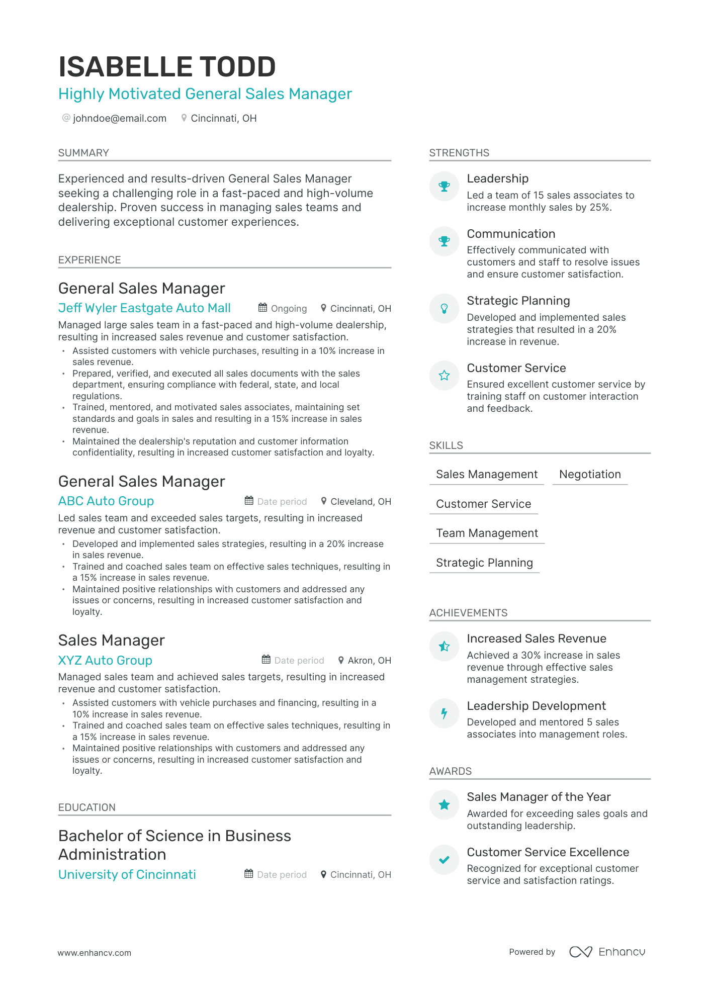 Modern General Sales Manager Resume Template