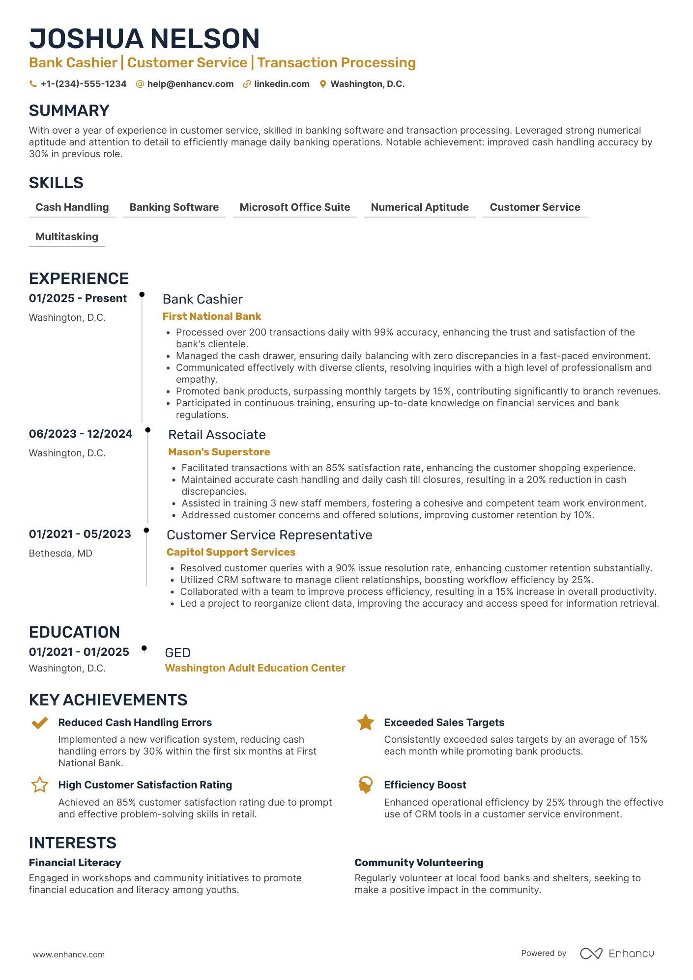 A resume example of a Bank Cashier