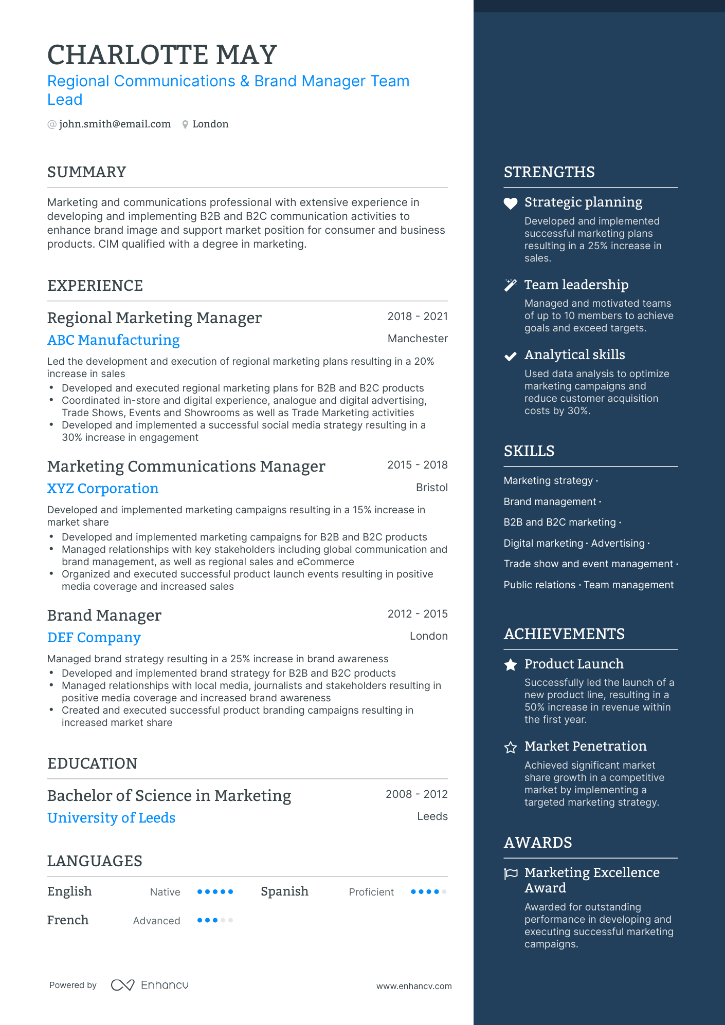 One Page Regional Marketing Manager Resume Template