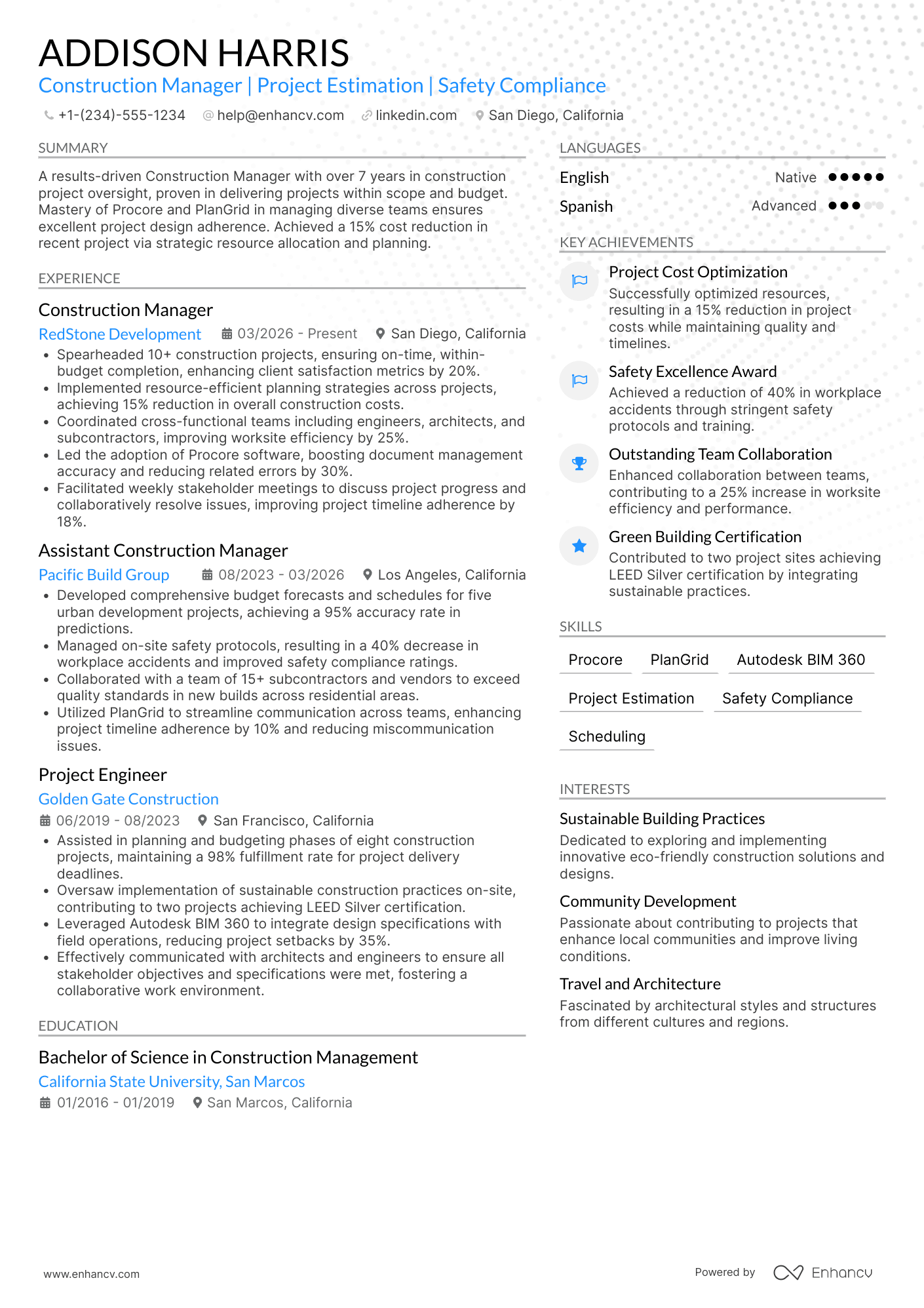 A resume example of a Construction Manager