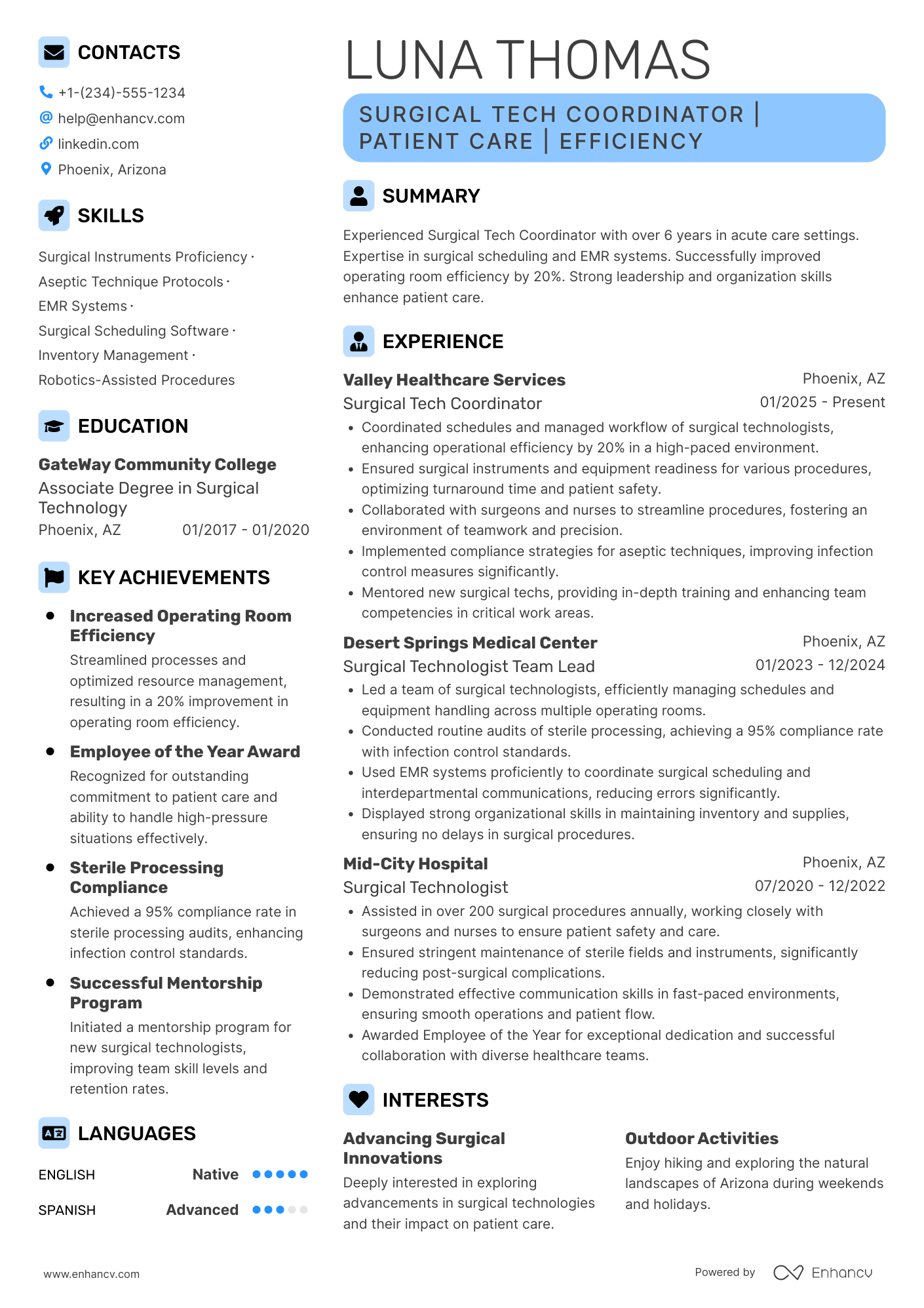 A resume example of a Surgical Tech Coordinator