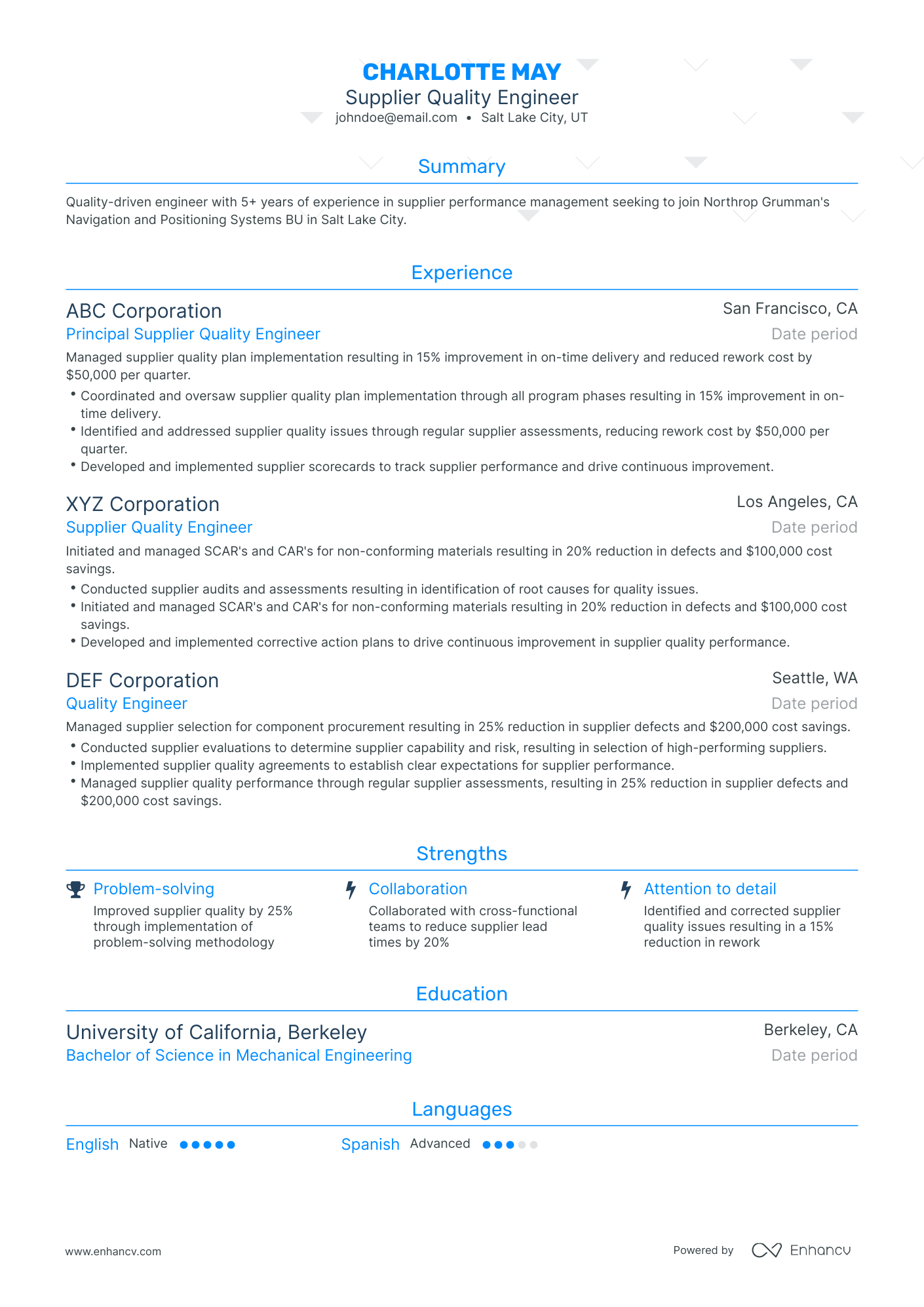 Traditional Supplier Quality Engineer Resume Template