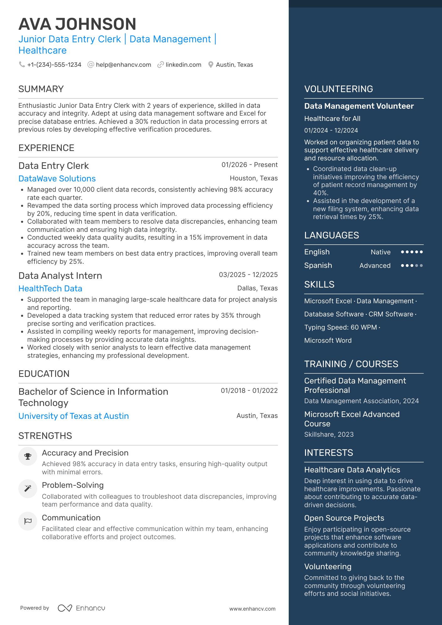 A resume example of a Junior Data Entry Clerk