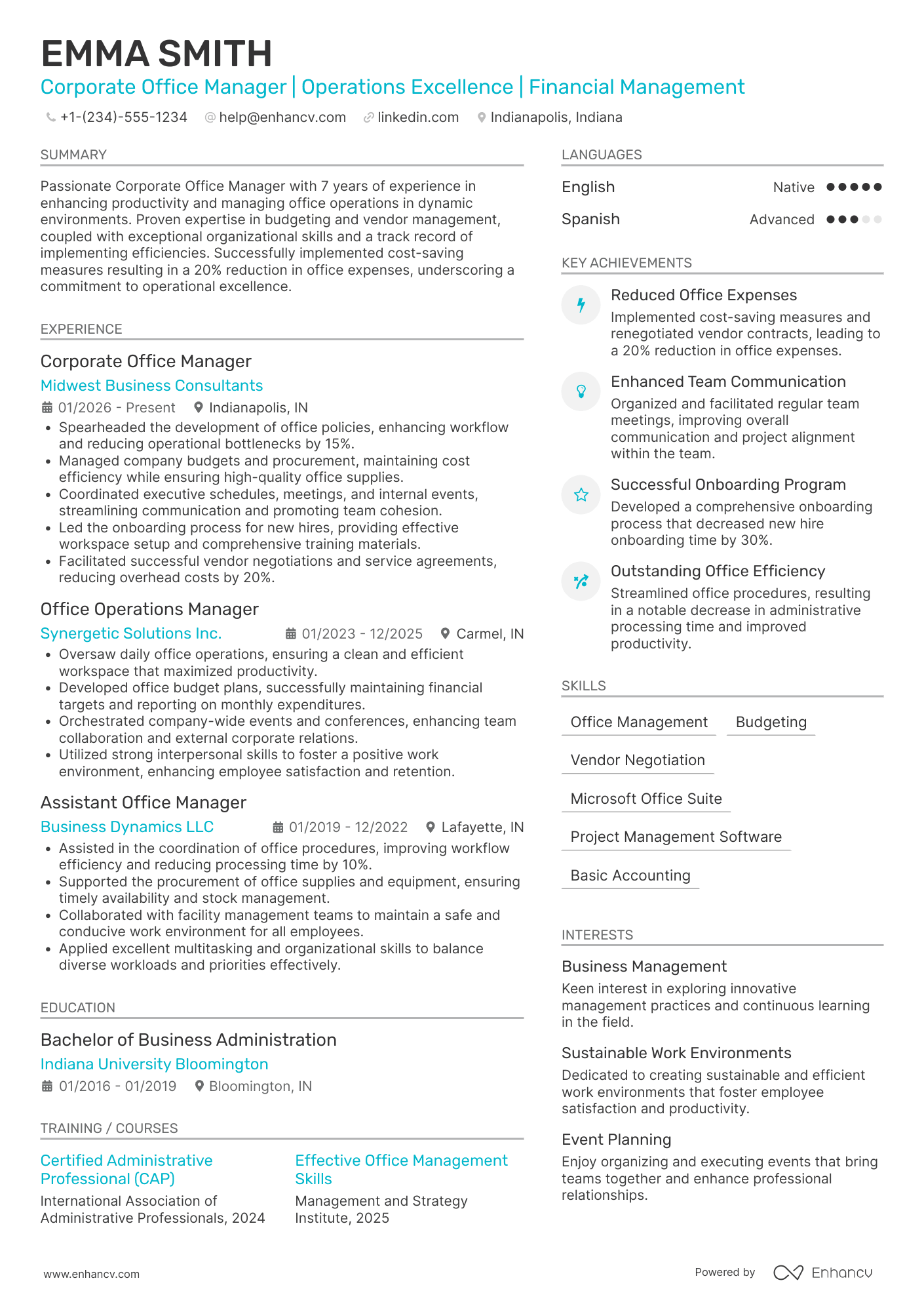 A resume example of a Corporate Office Manager