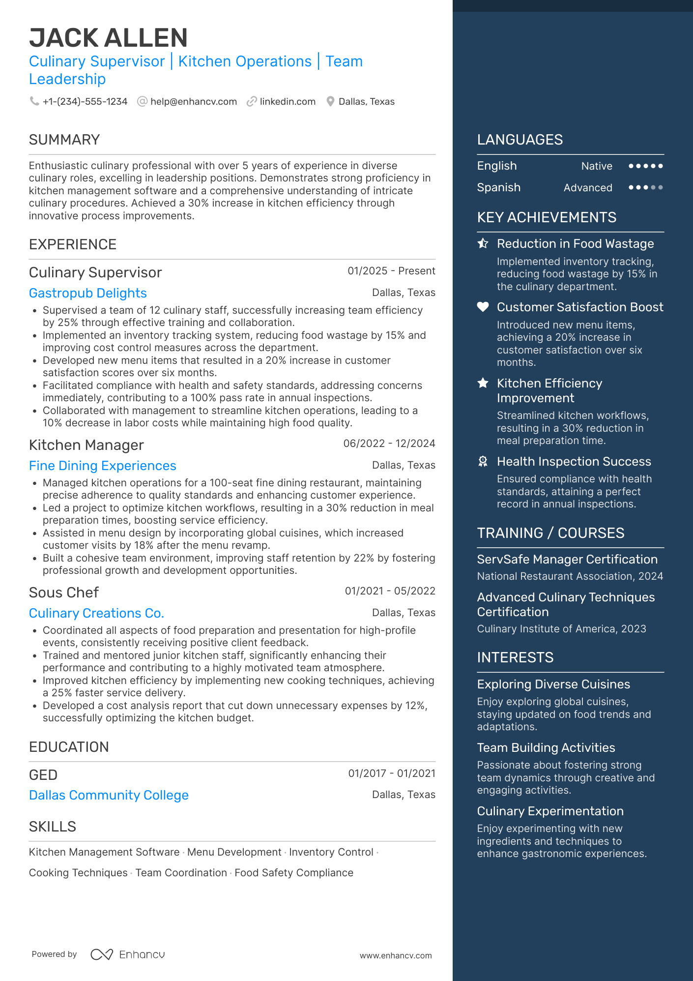 A resume example of a Culinary Supervisor