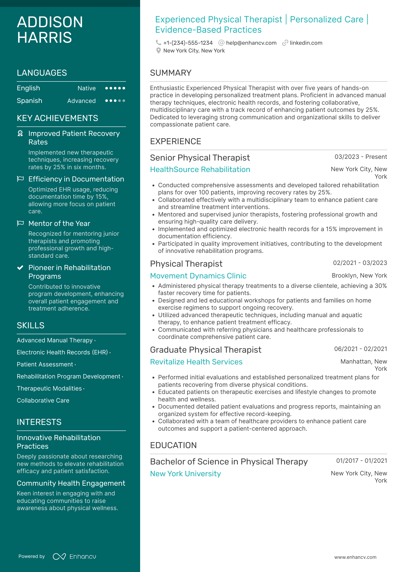 A resume example of a Experienced Physical Therapist