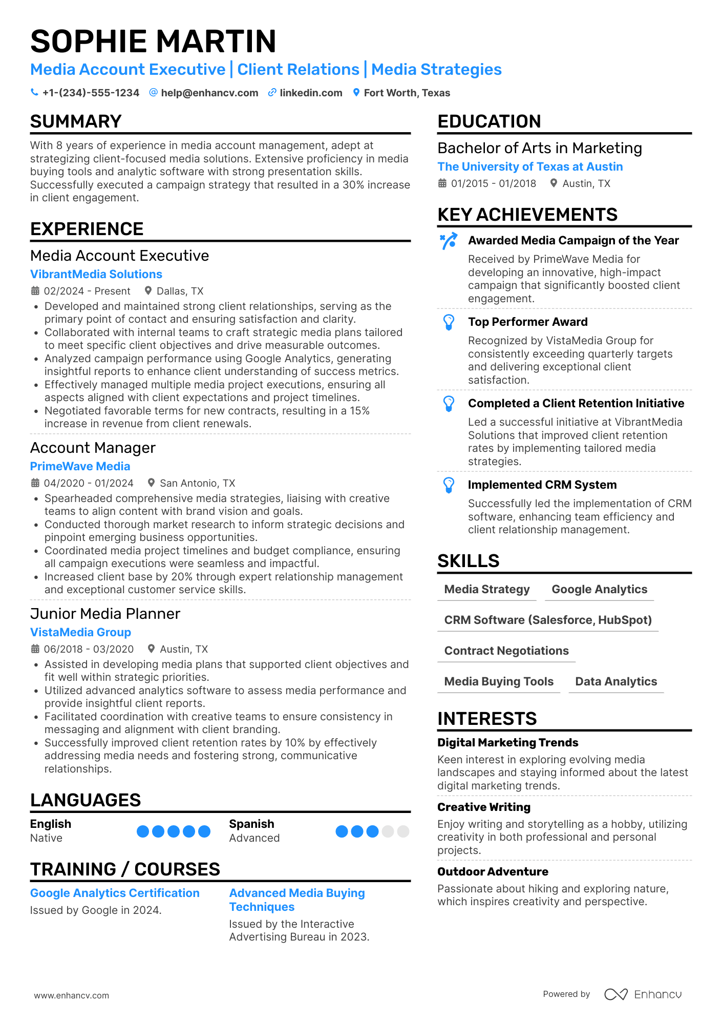 A resume example of a Media Account Executive
