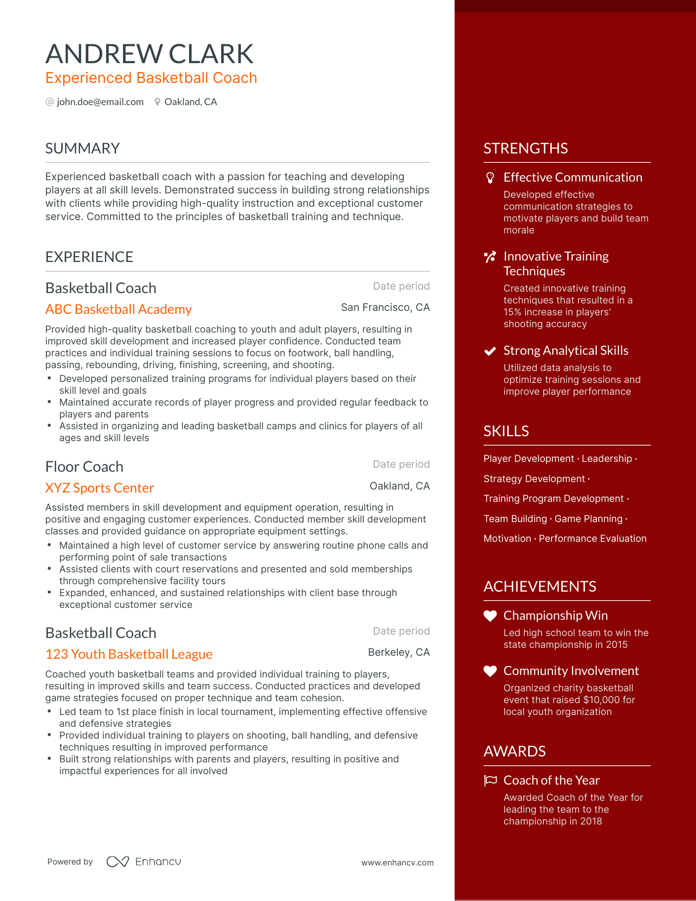 One Page Basketball Coach Resume Template