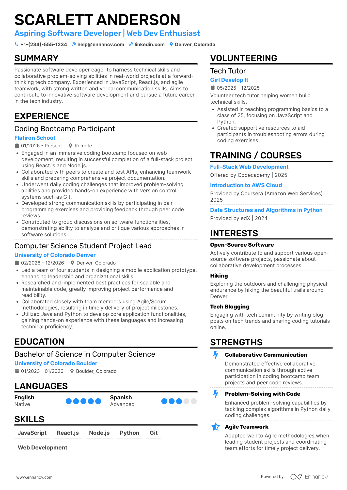 A resume example of a IT Software Developer Intern
