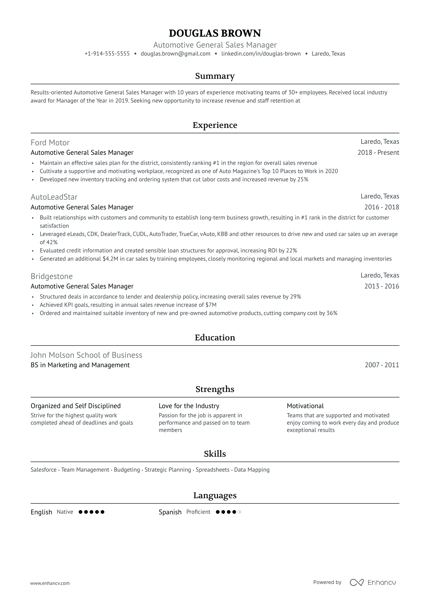 sample resume of general manager
