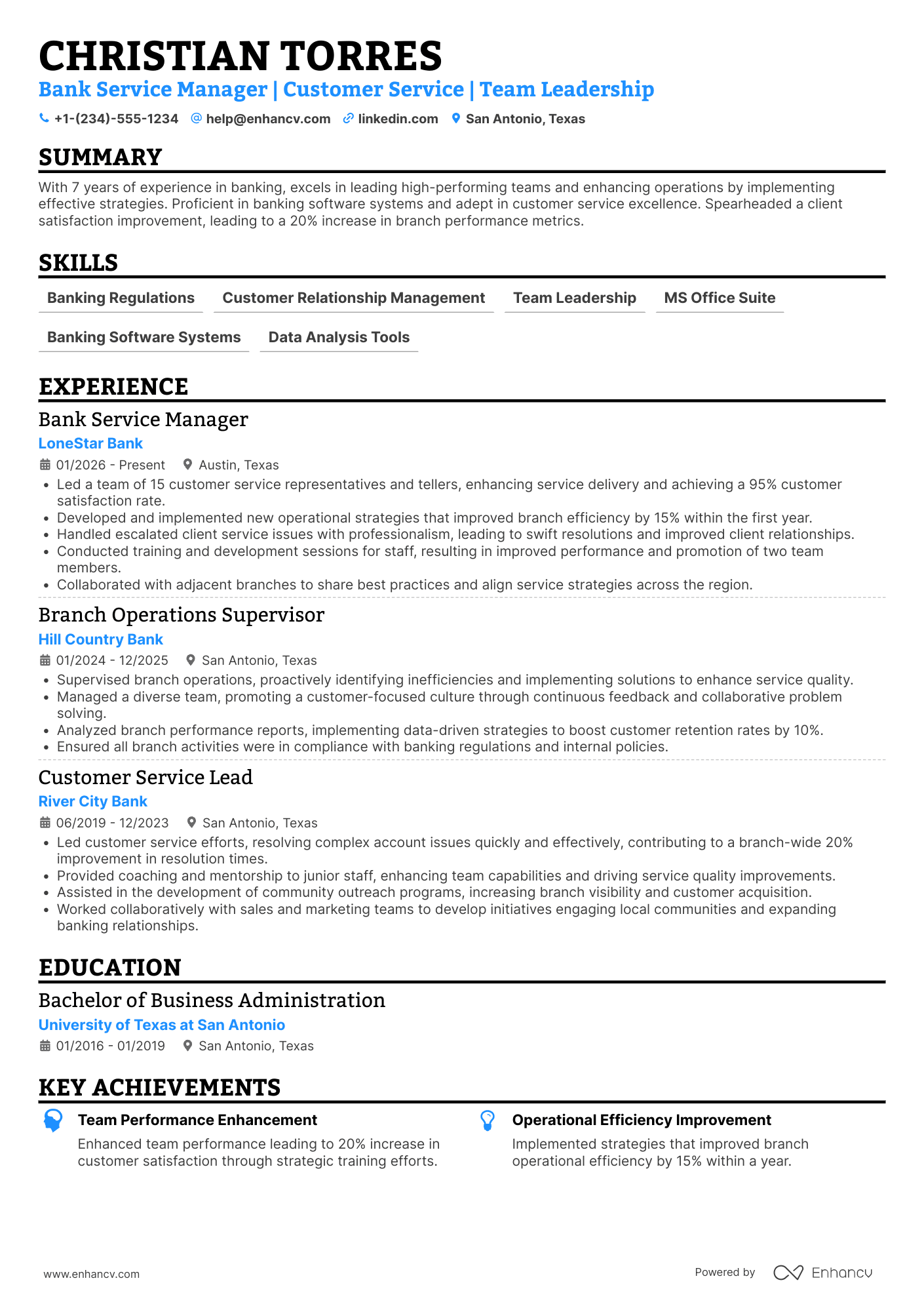 A resume example of a Bank Service Manager