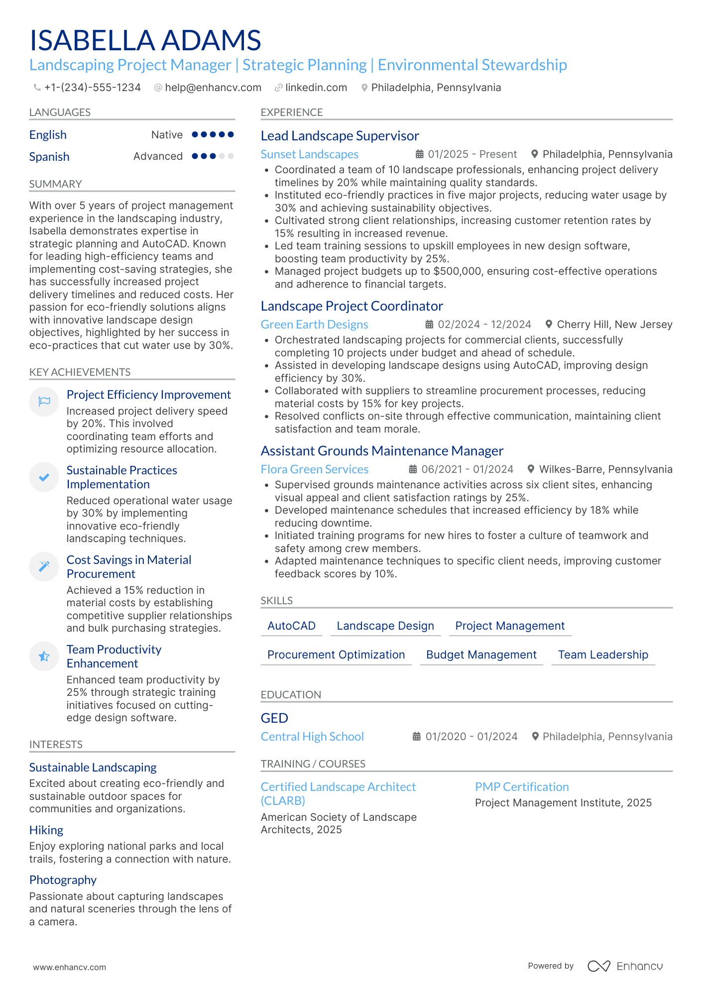 A resume example of a Landscaping Project Manager