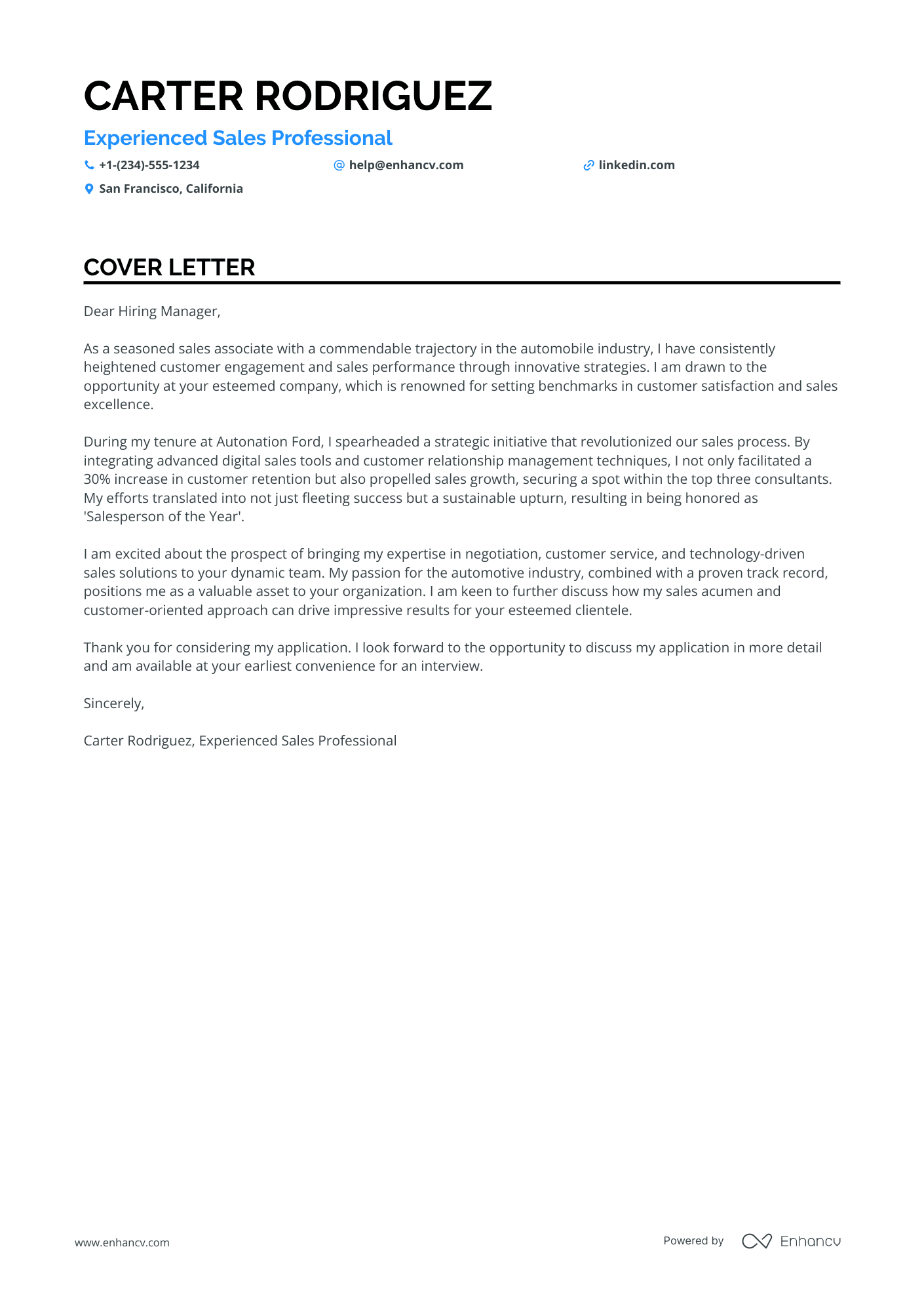 cover letter for car sales position