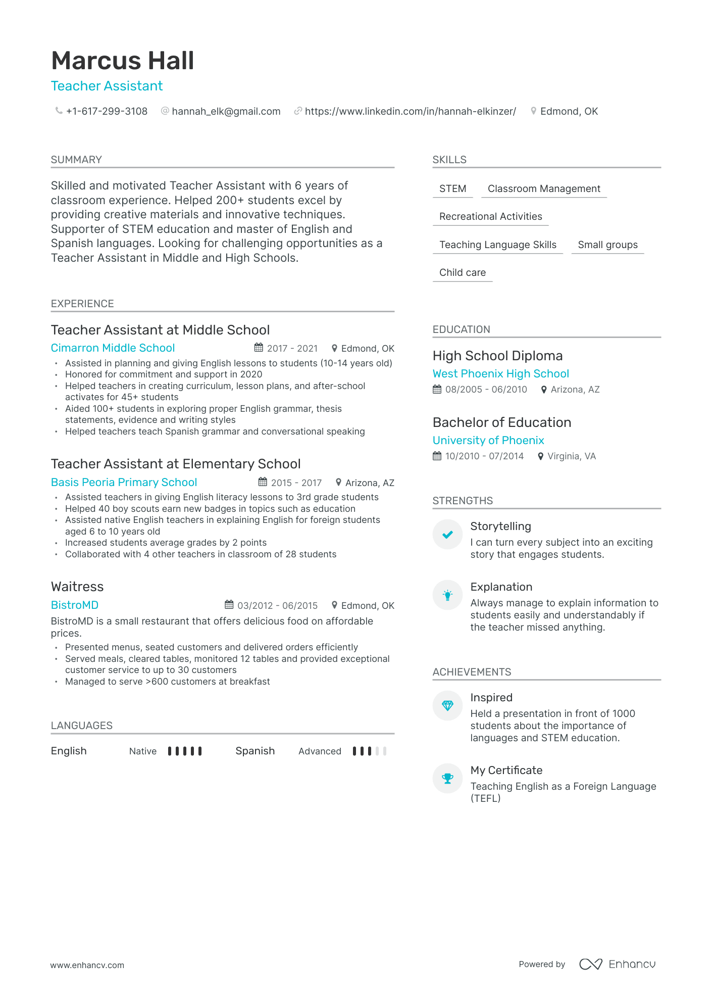 resume description for teacher assistant