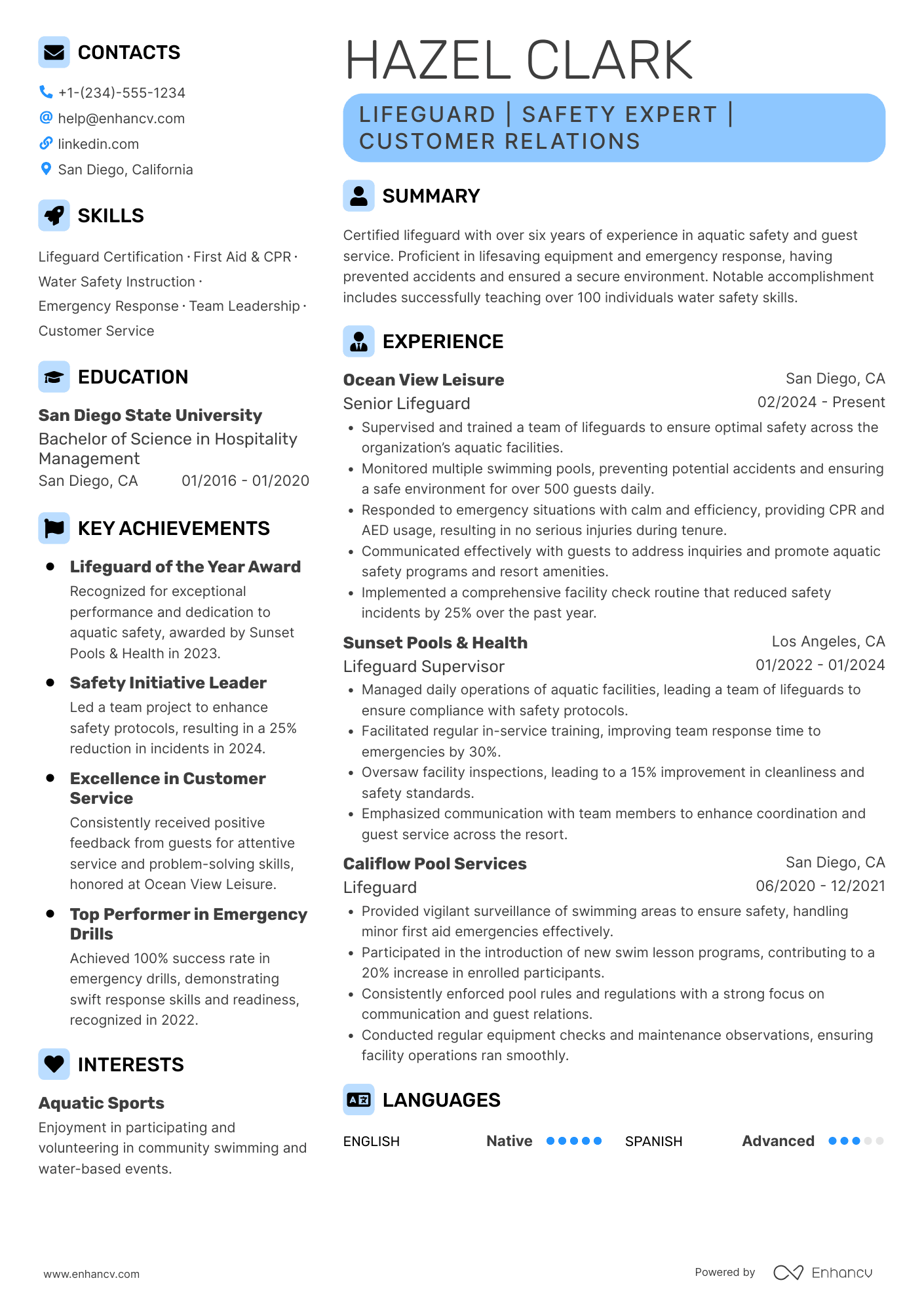 A resume example of a Certified Lifeguard