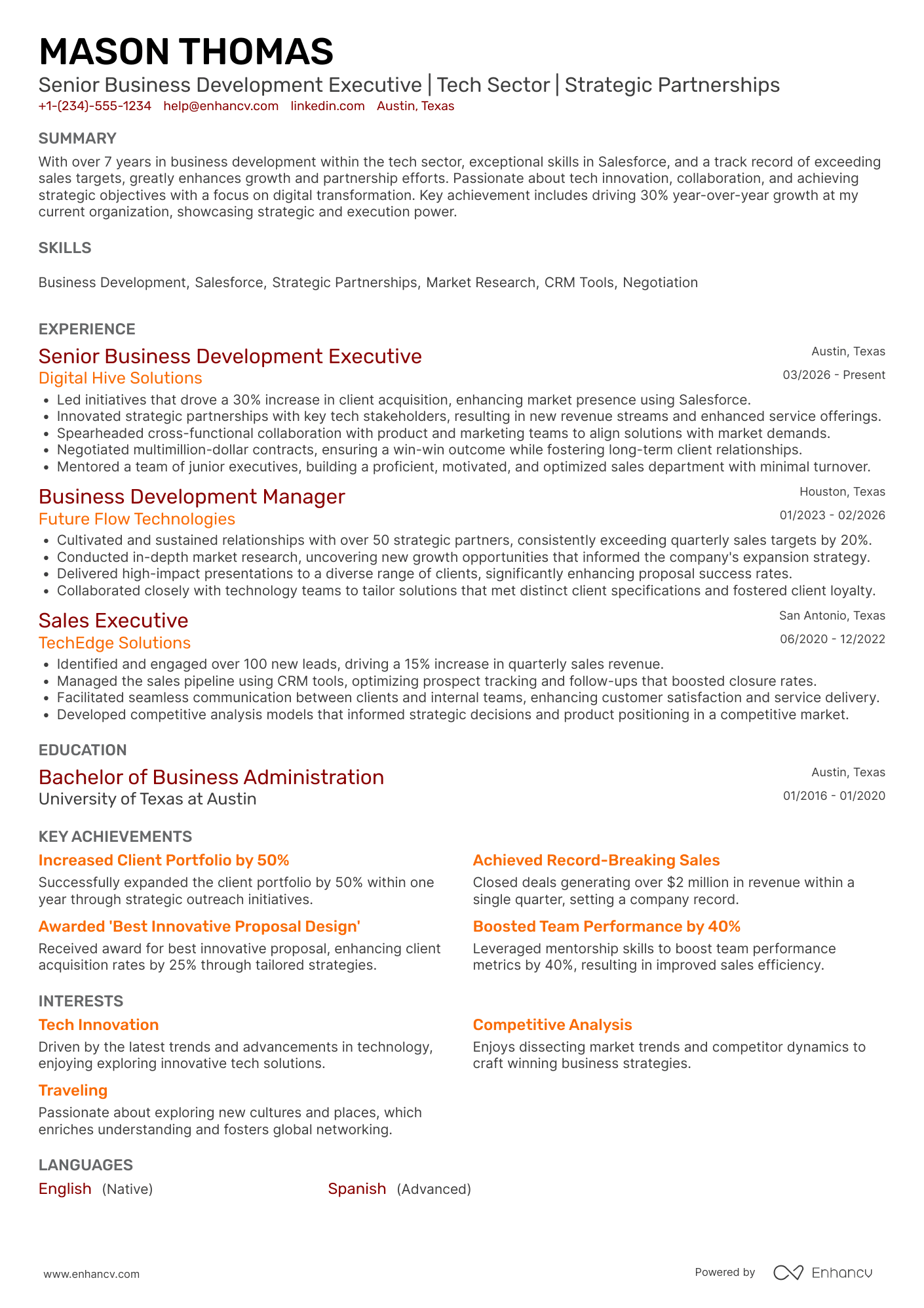 A resume example of a Senior Business Development Executive