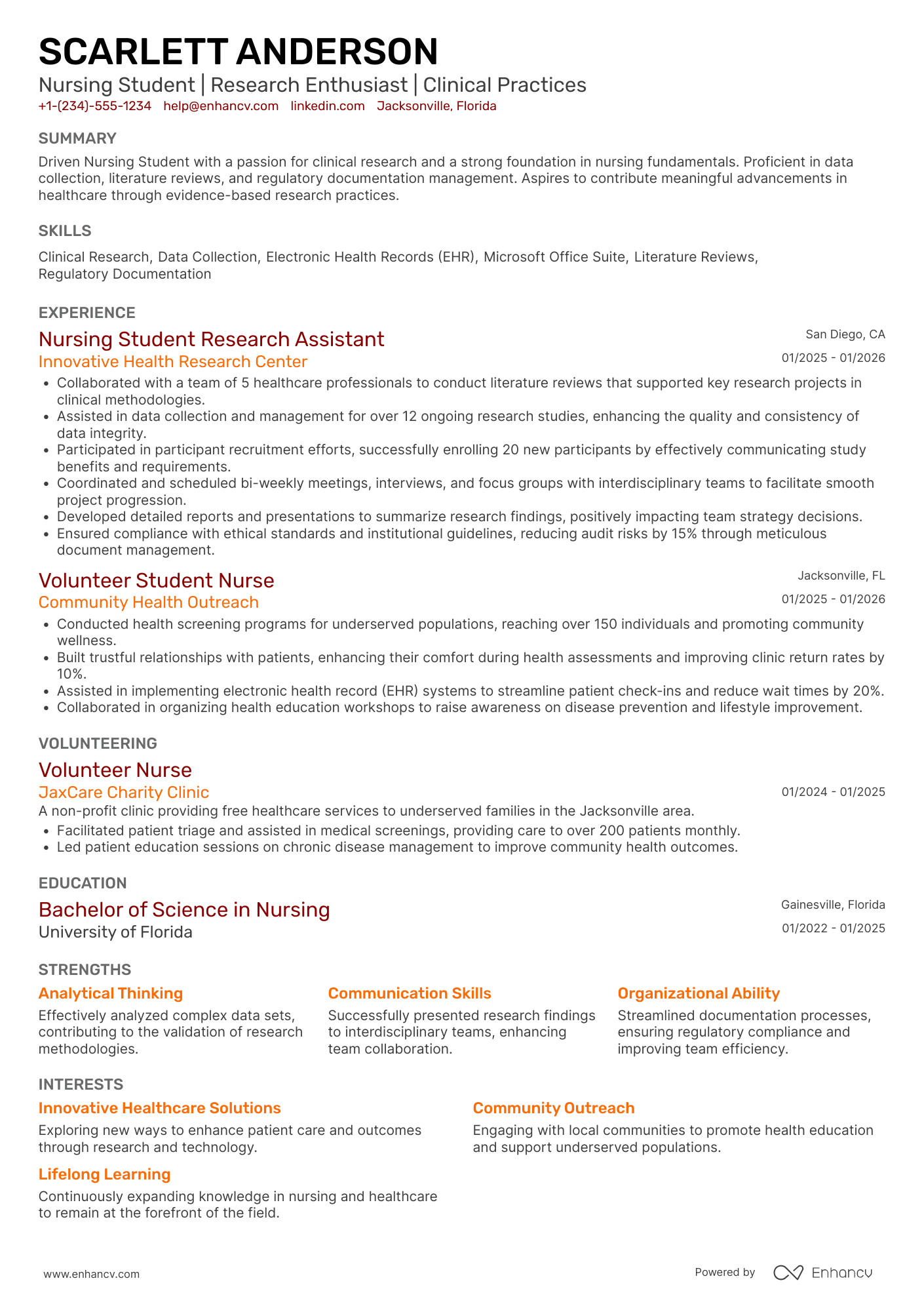A resume example of a Nursing Student Research Assistant