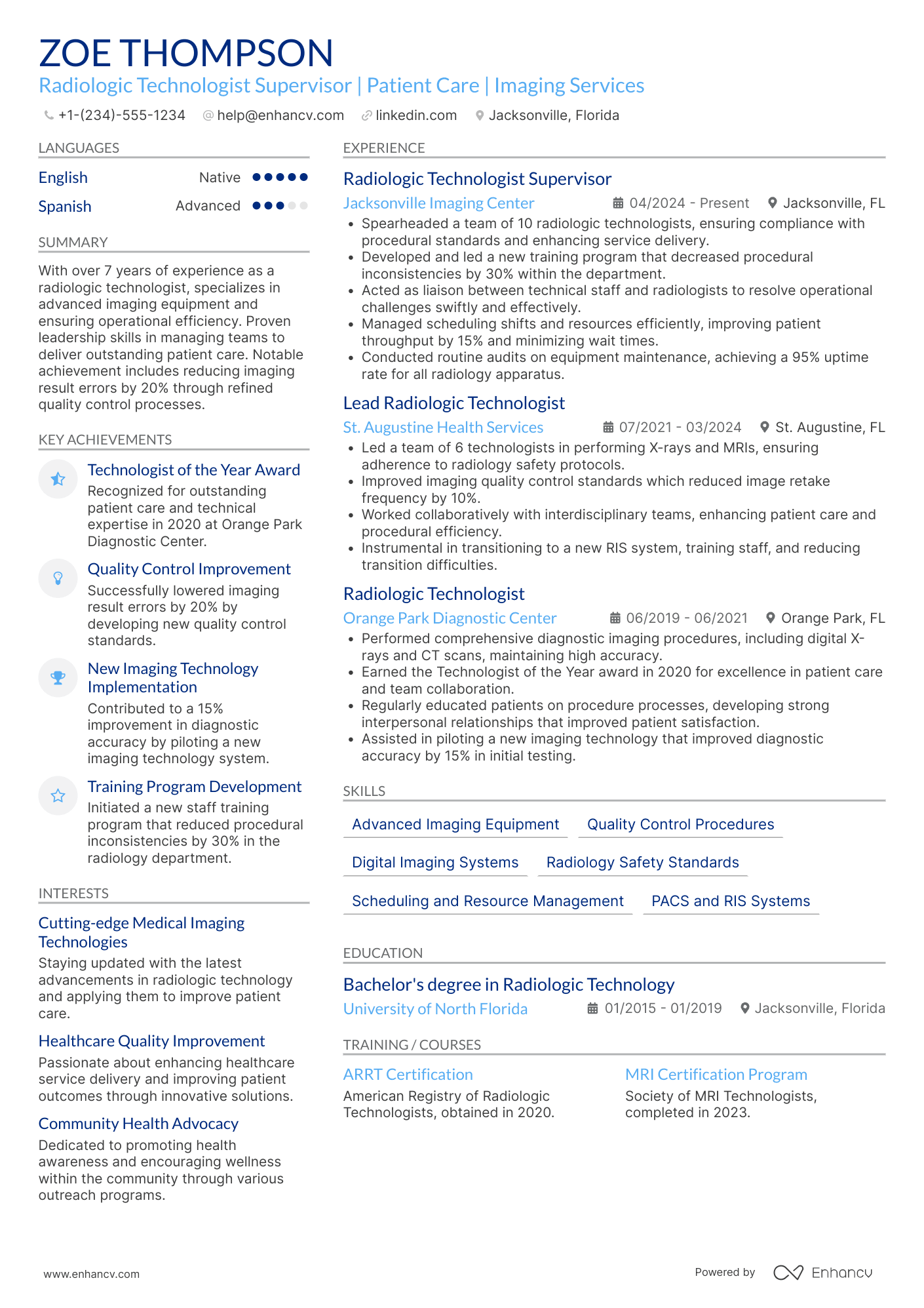 A resume example of a Radiologic Technologist Supervisor