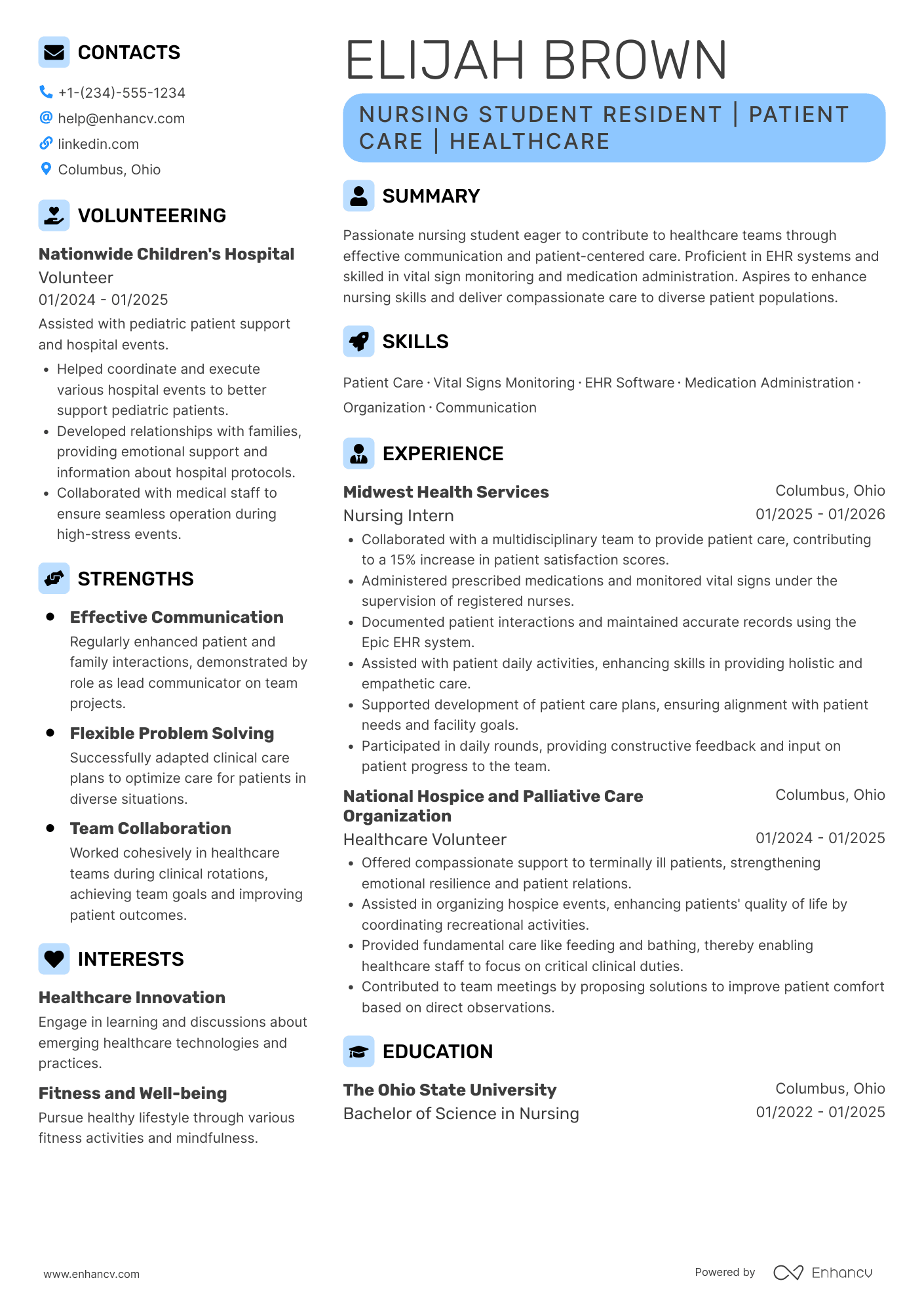 A resume example of a Nursing Student Resident