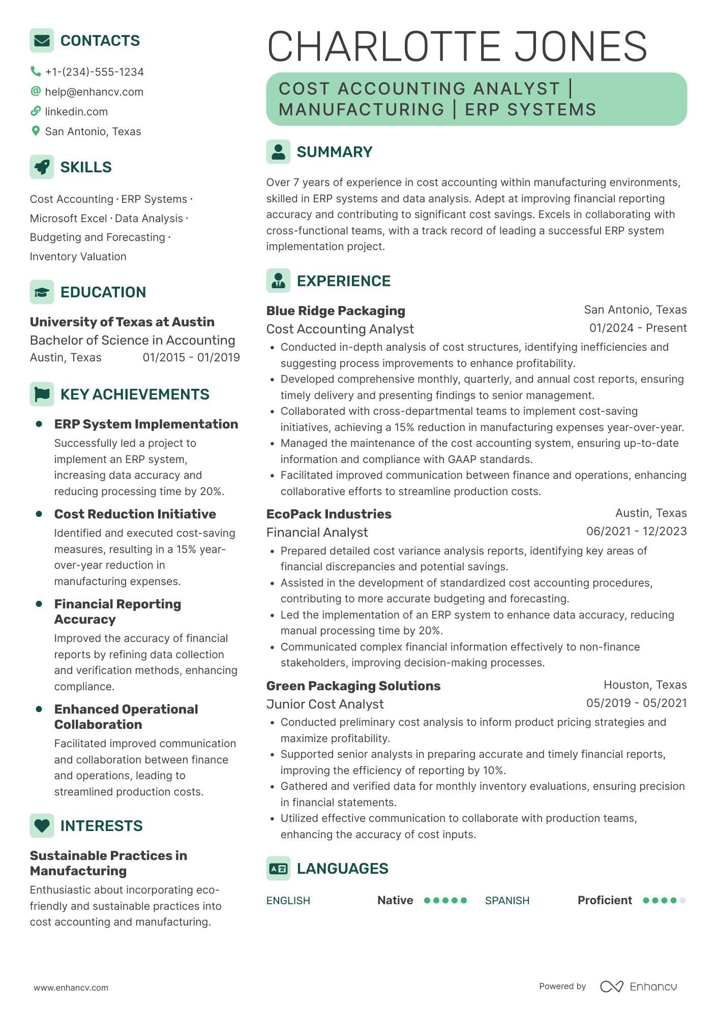 A resume example of a Cost Accounting Analyst