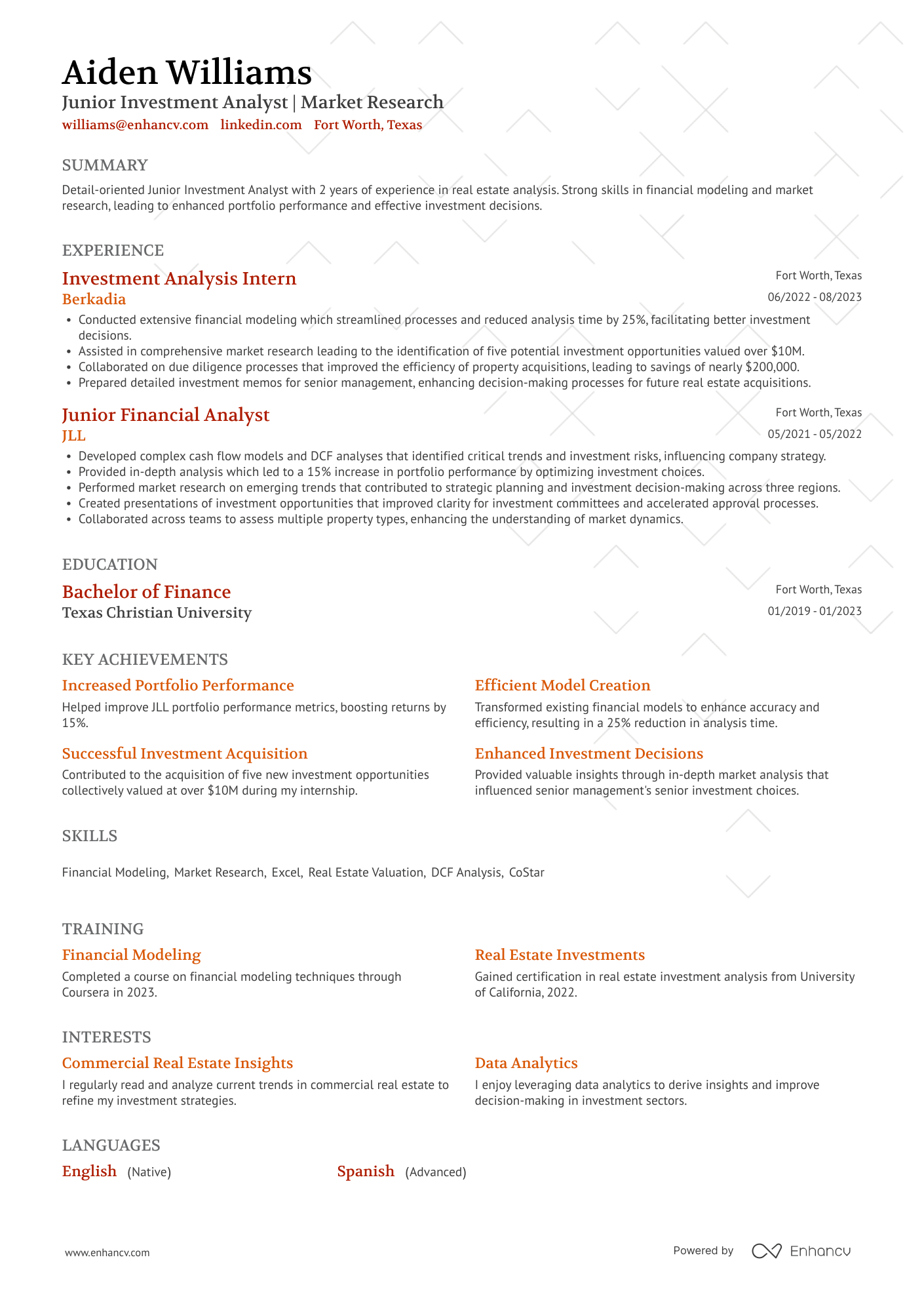 A resume example of a Junior Investment Analyst