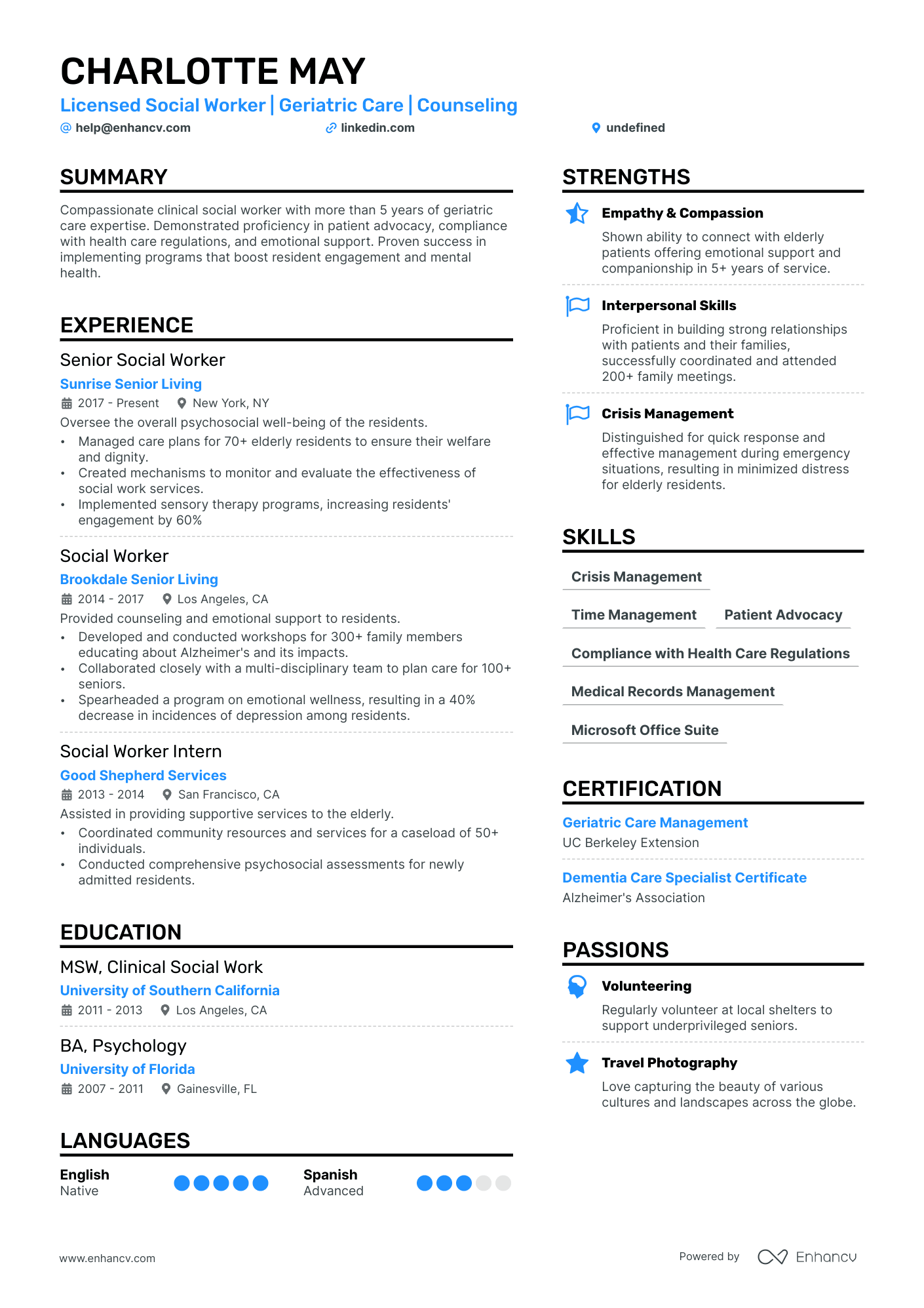A resume example of a Nursing Home Social Worker