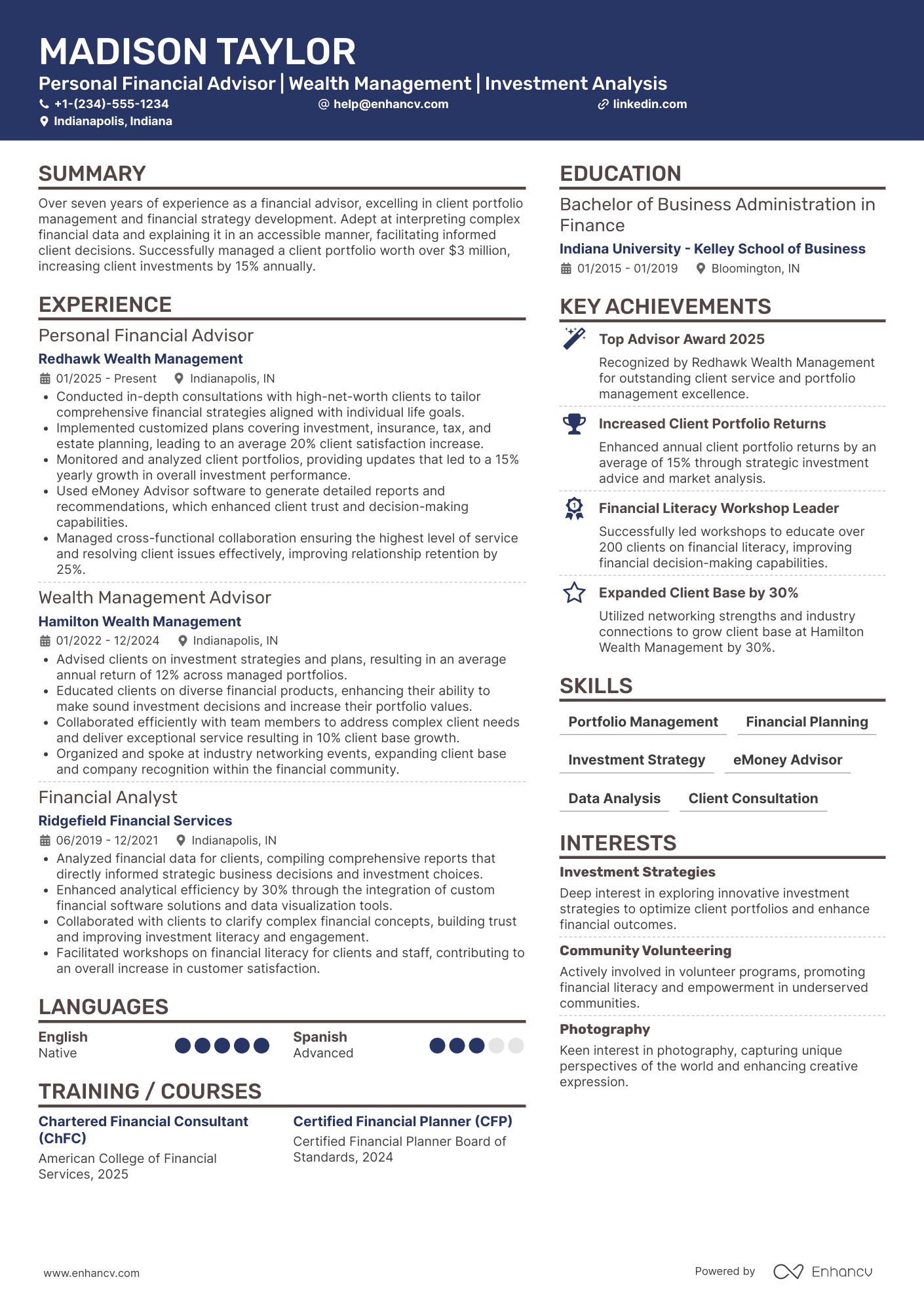 A resume example of a Personal Financial Advisor
