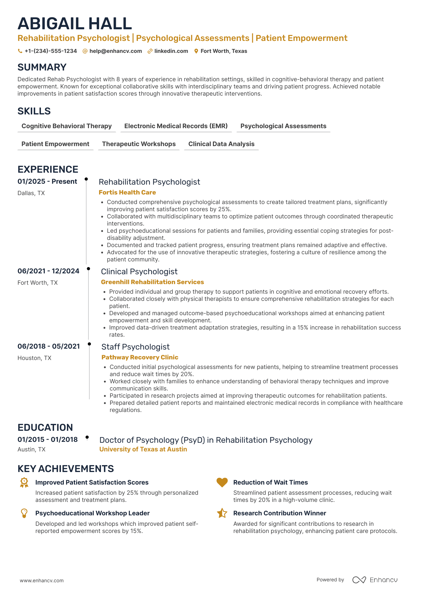 A resume example of a Rehabilitation Psychologist