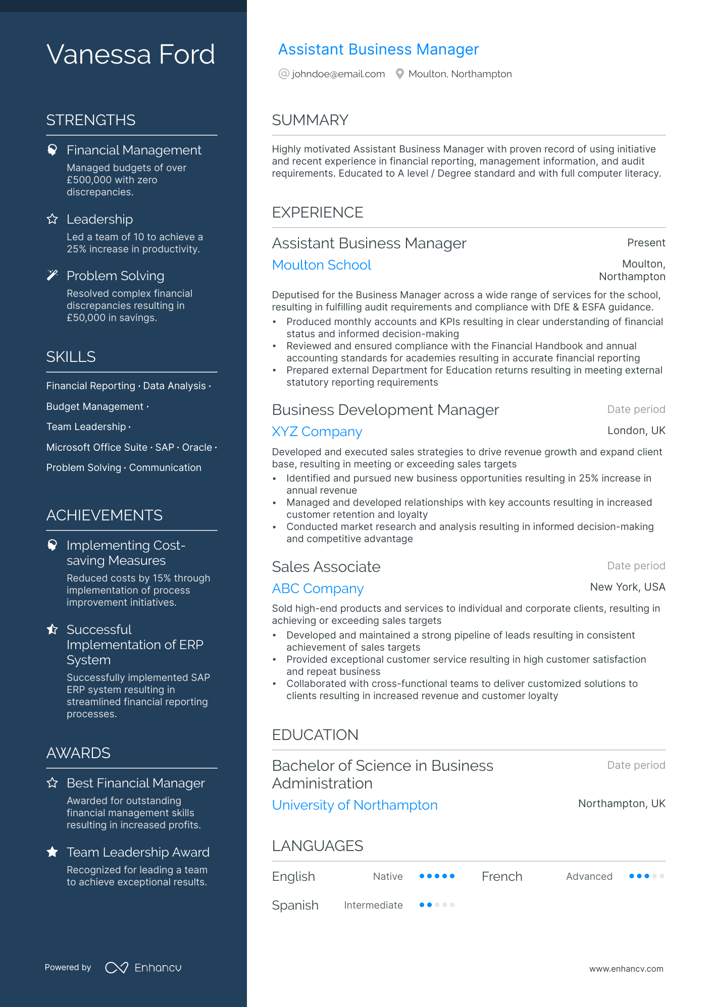 A resume example of a Assistant Business Manager