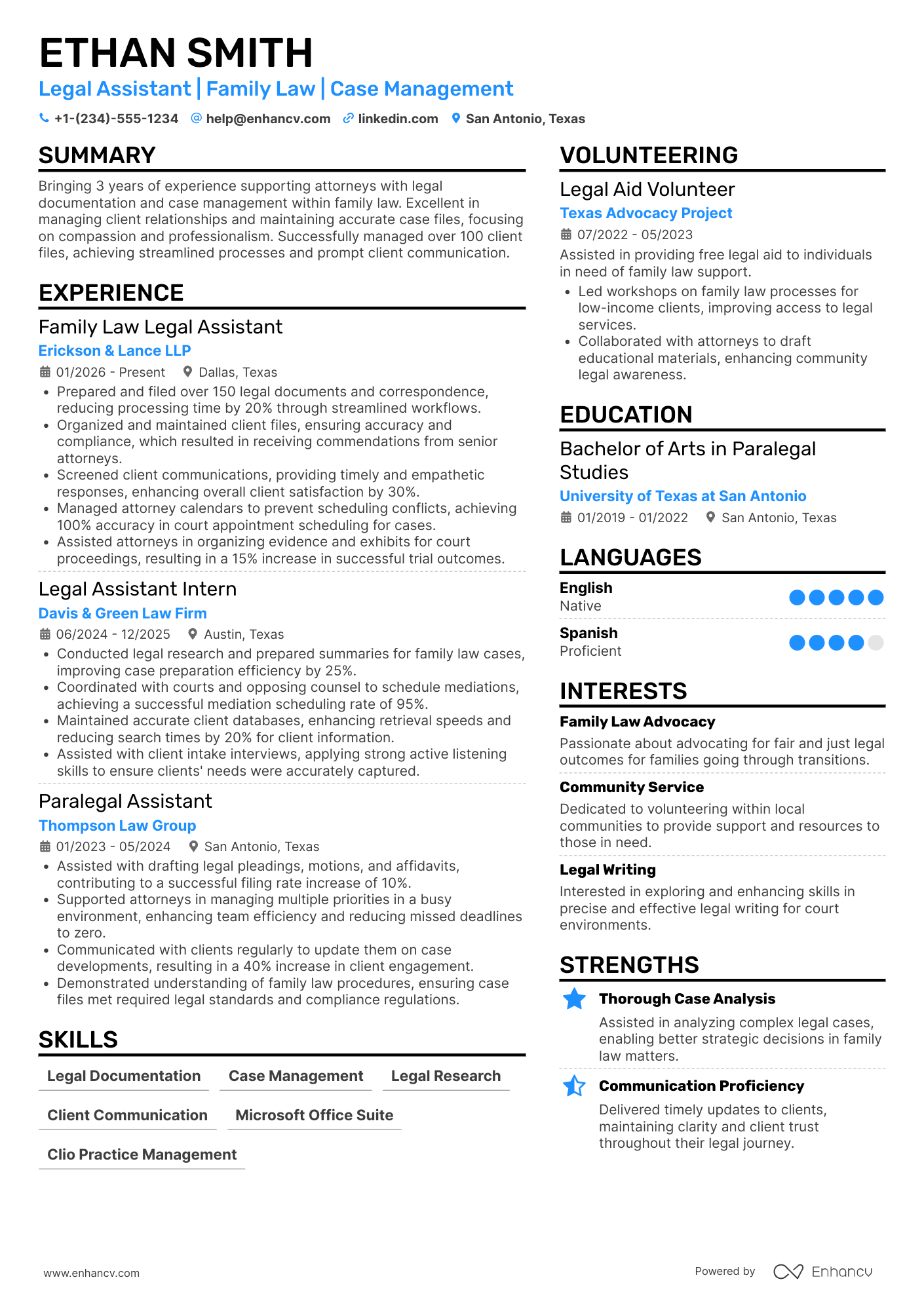 A resume example of a Family Law Legal Assistant