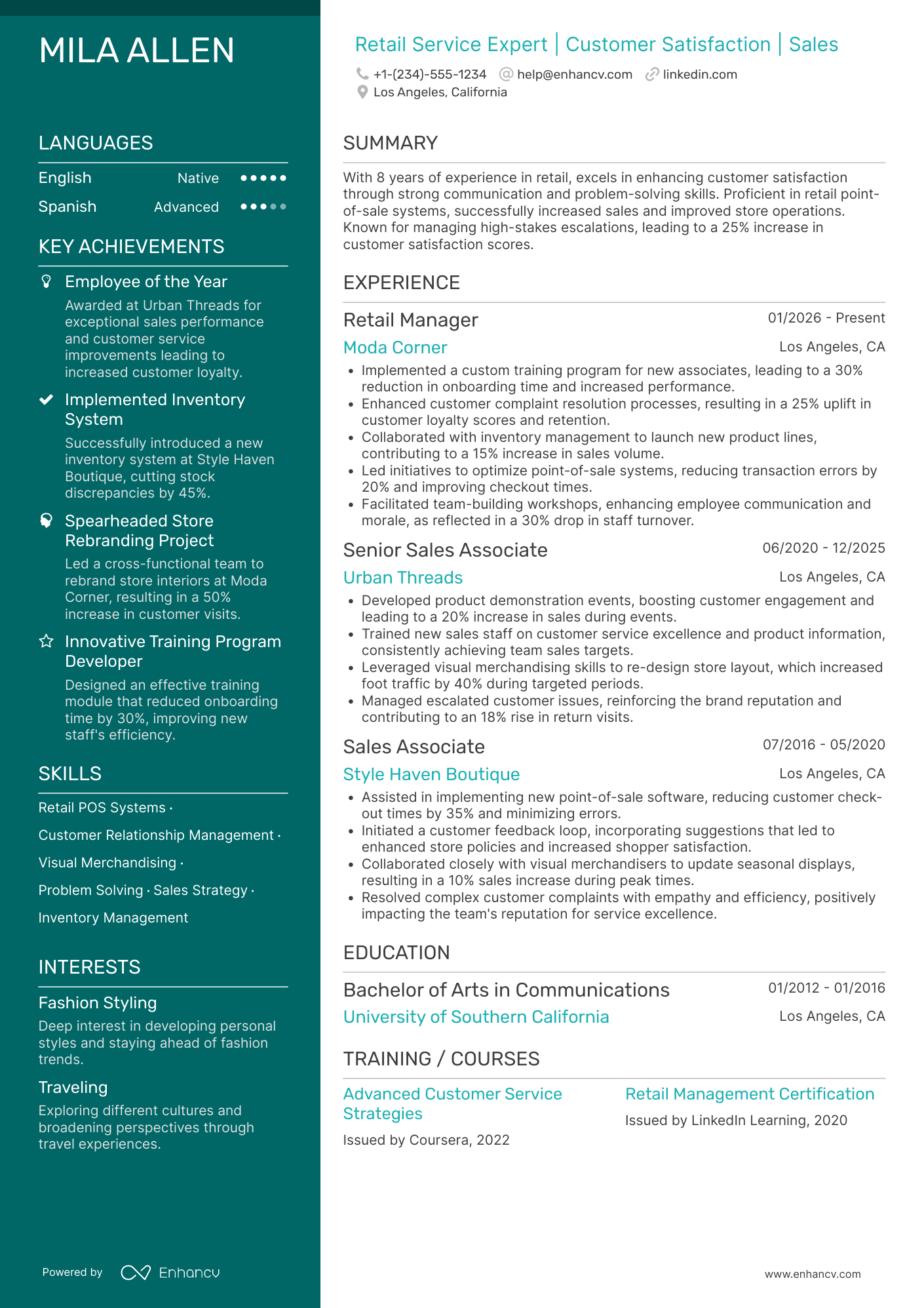 A resume example of a Retail Service Advisor