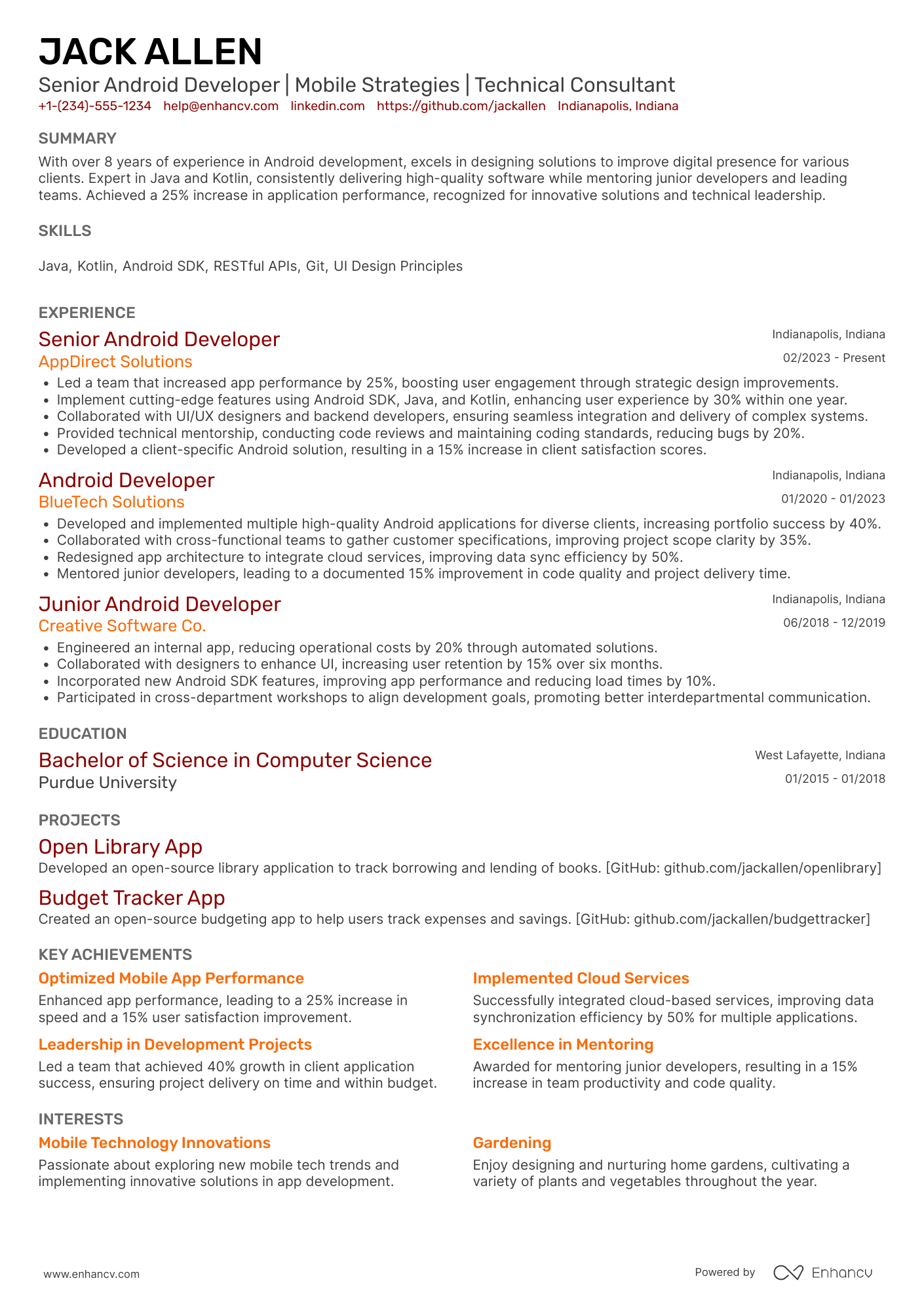 A resume example of a Android Developer Consultant
