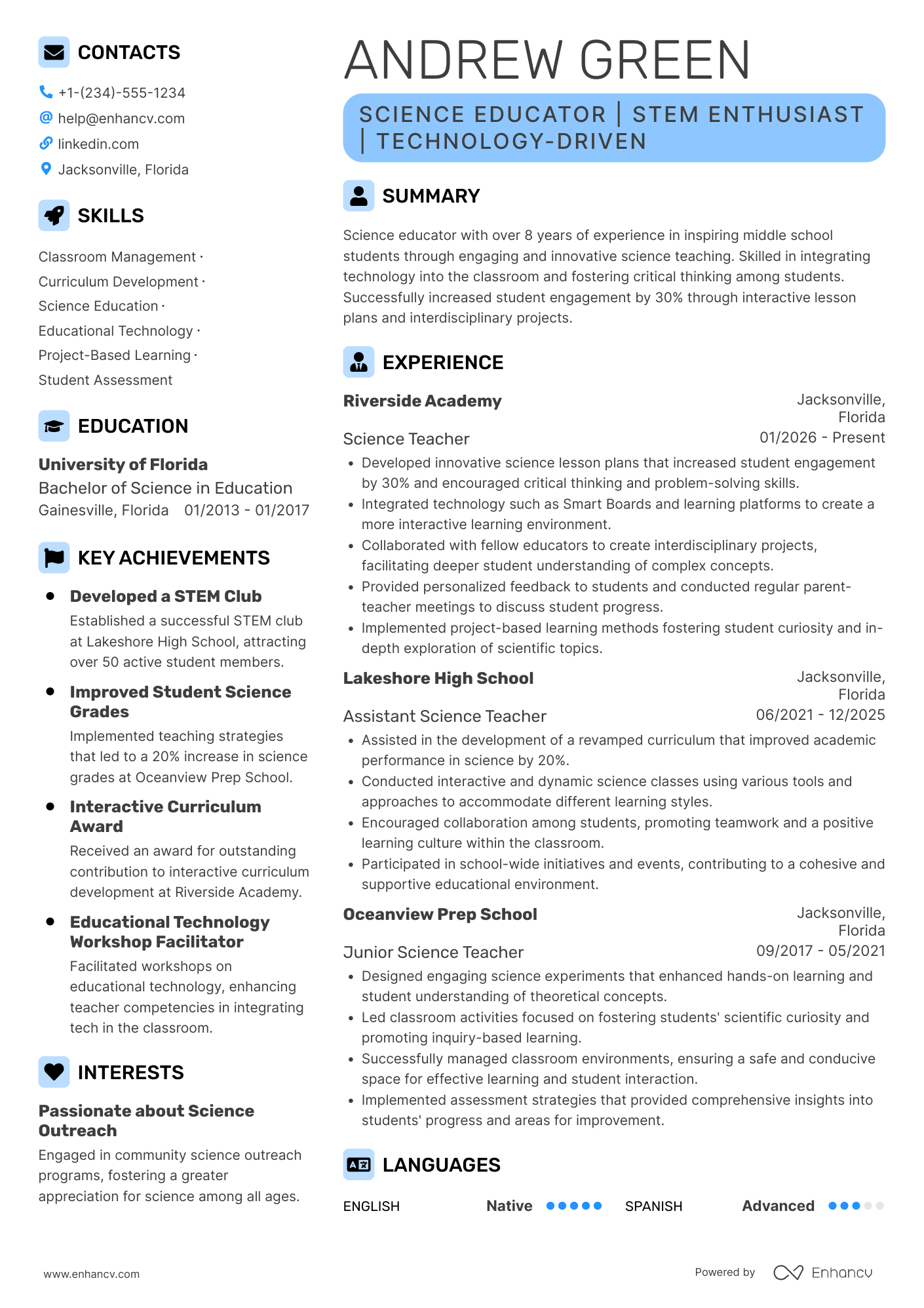 A resume example of a Science Teacher