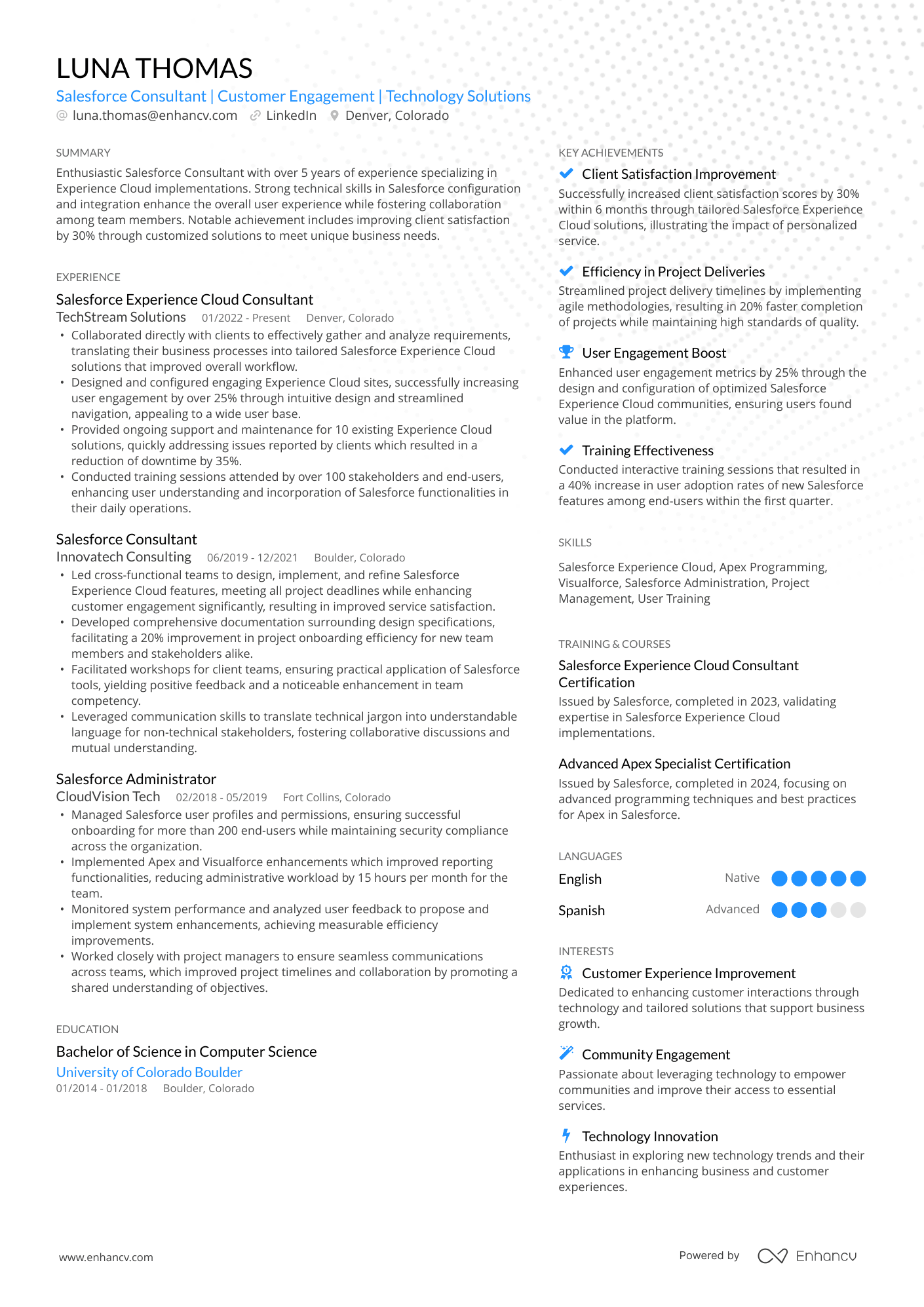 A resume example of a Experience Cloud Consultant