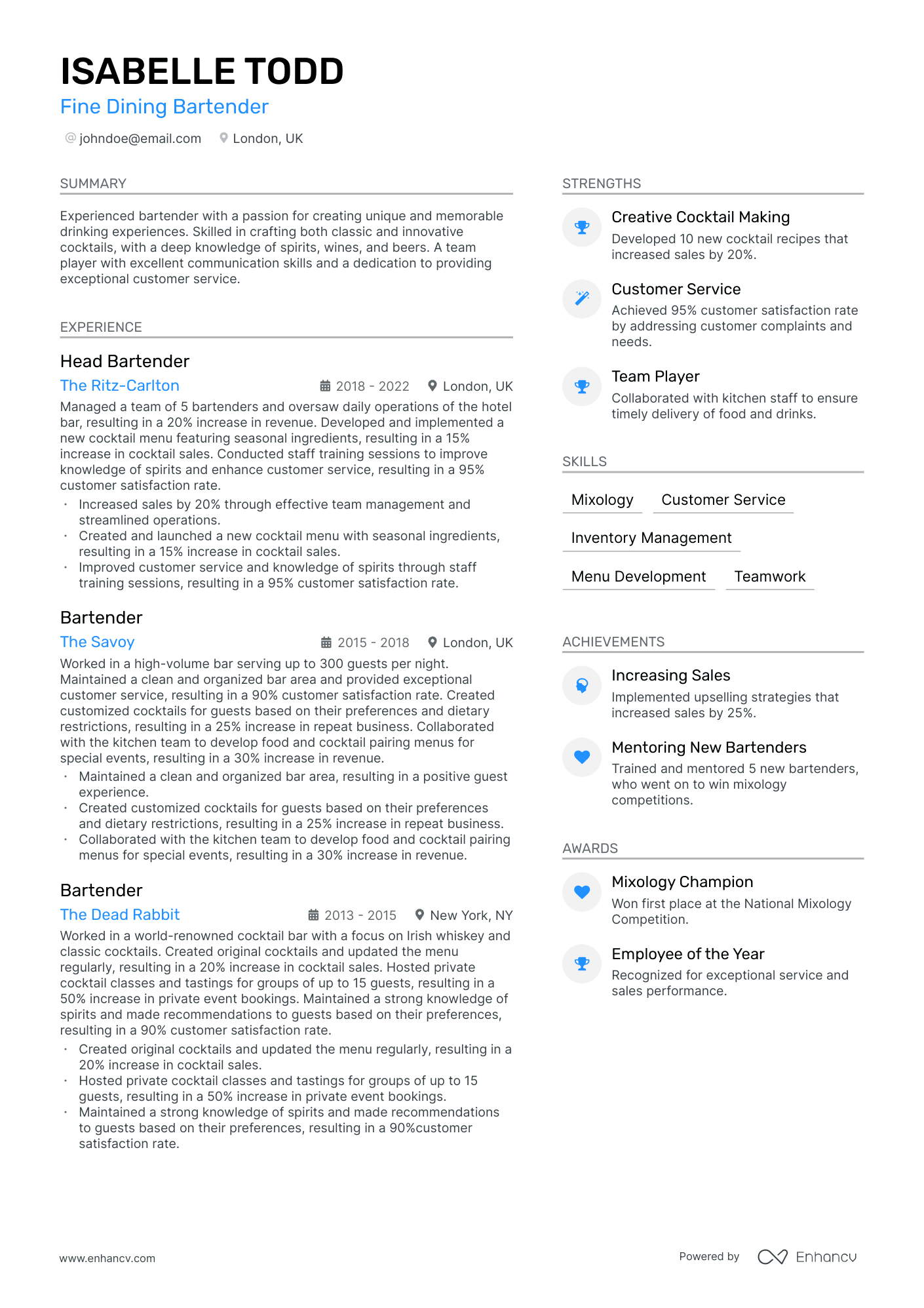 A resume example of a Fine Dining Bartender