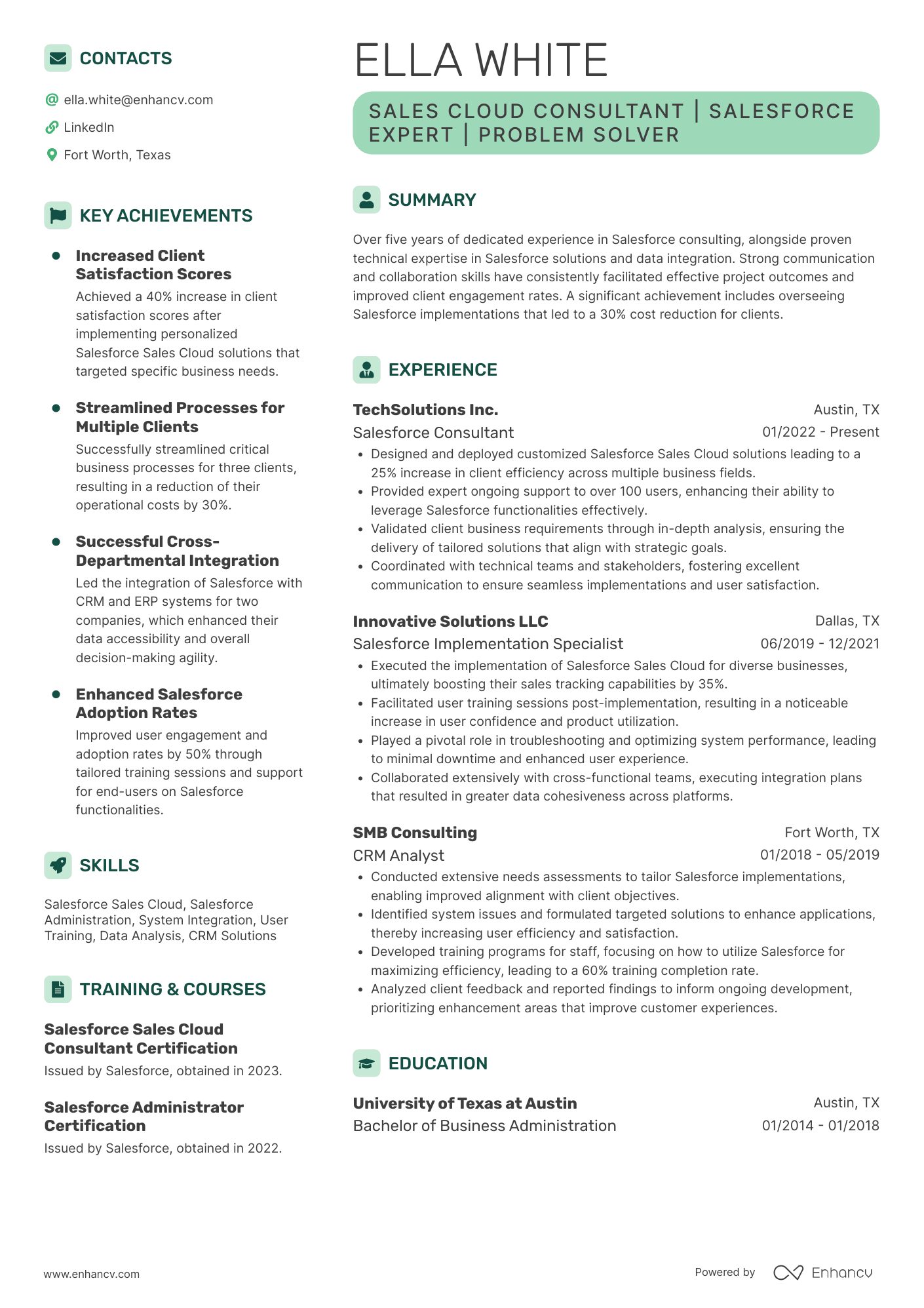 A resume example of a Sales Cloud Consultant