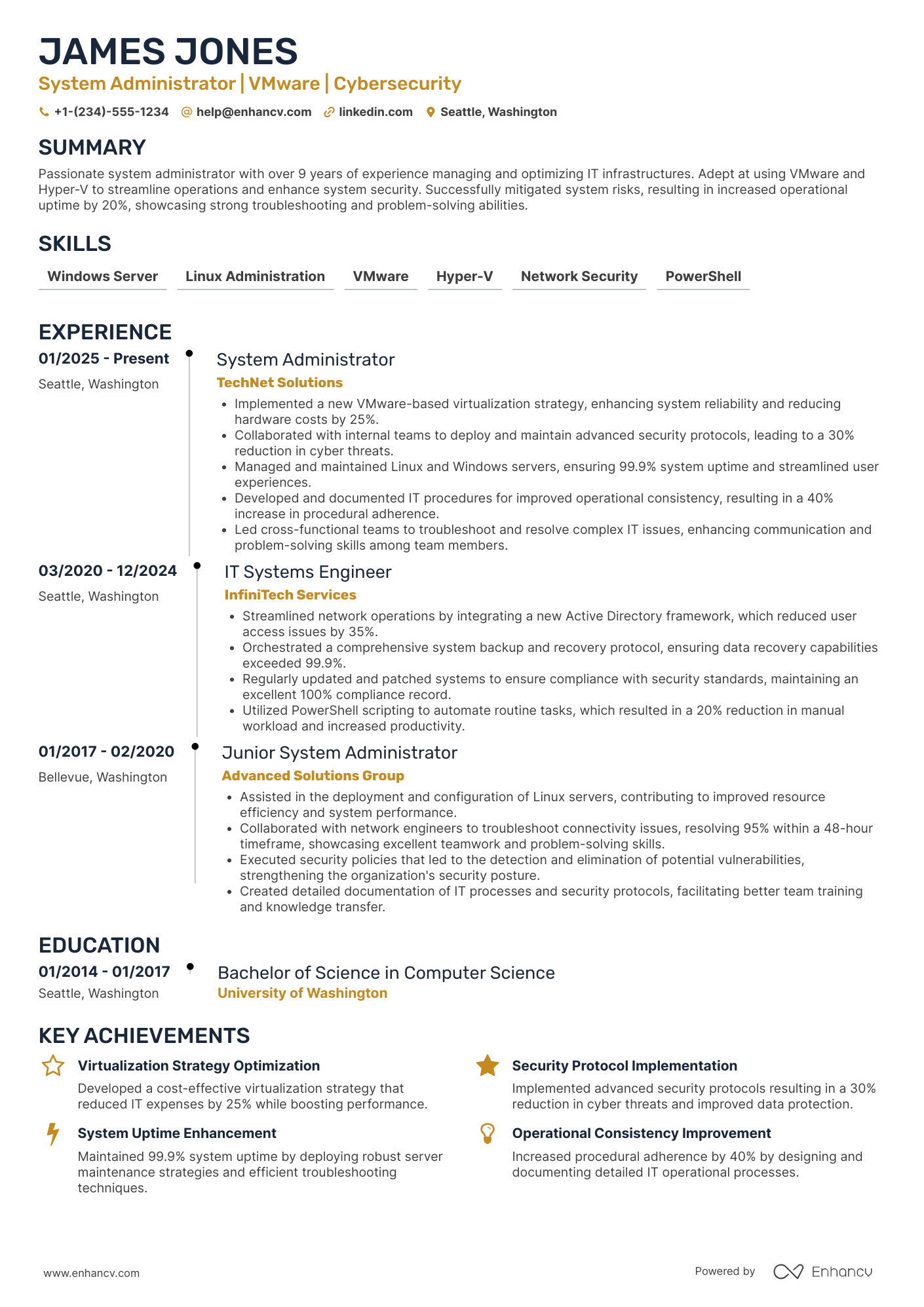 A resume example of a System Administrator