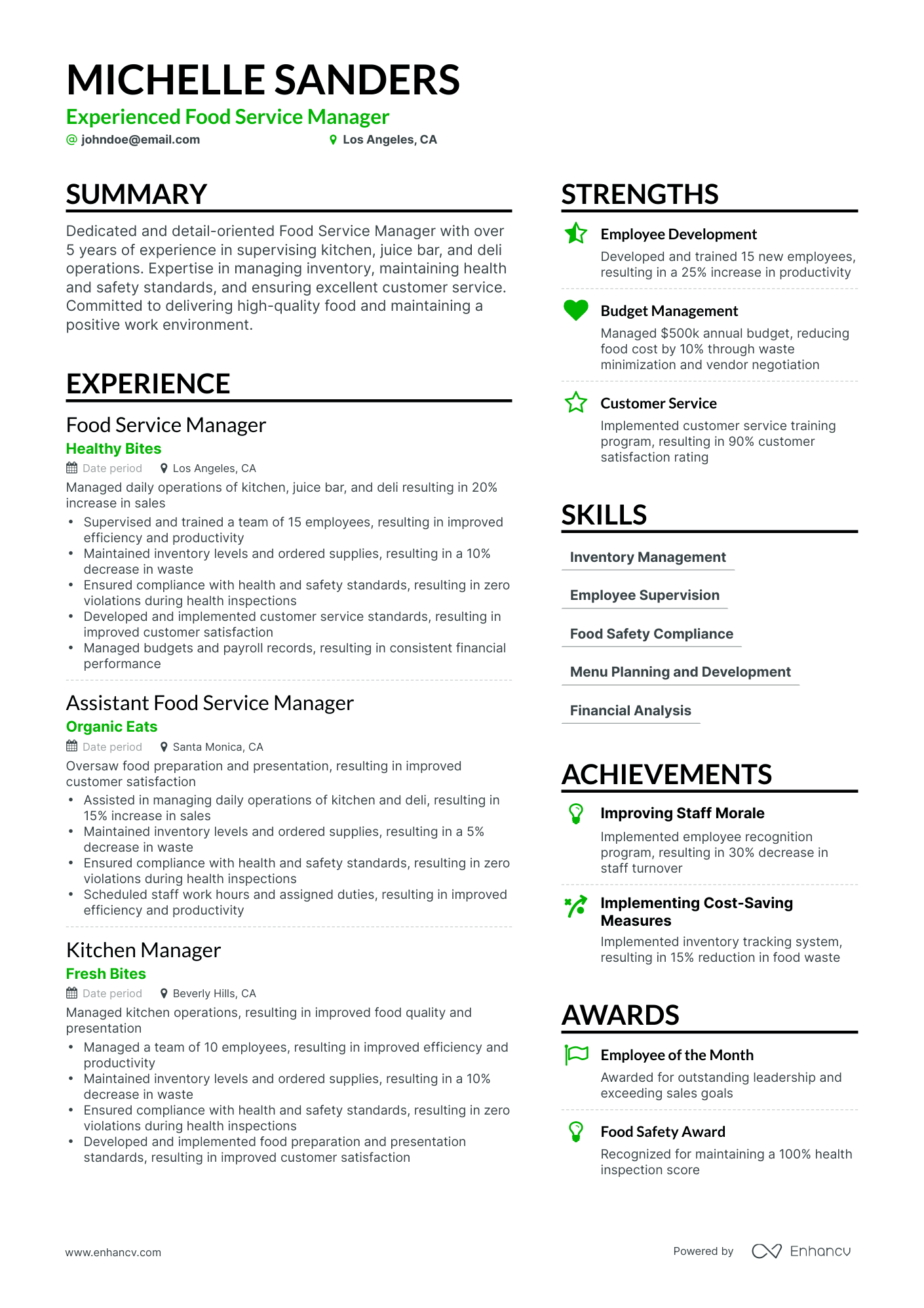 Simple Food Service Manager Resume Template