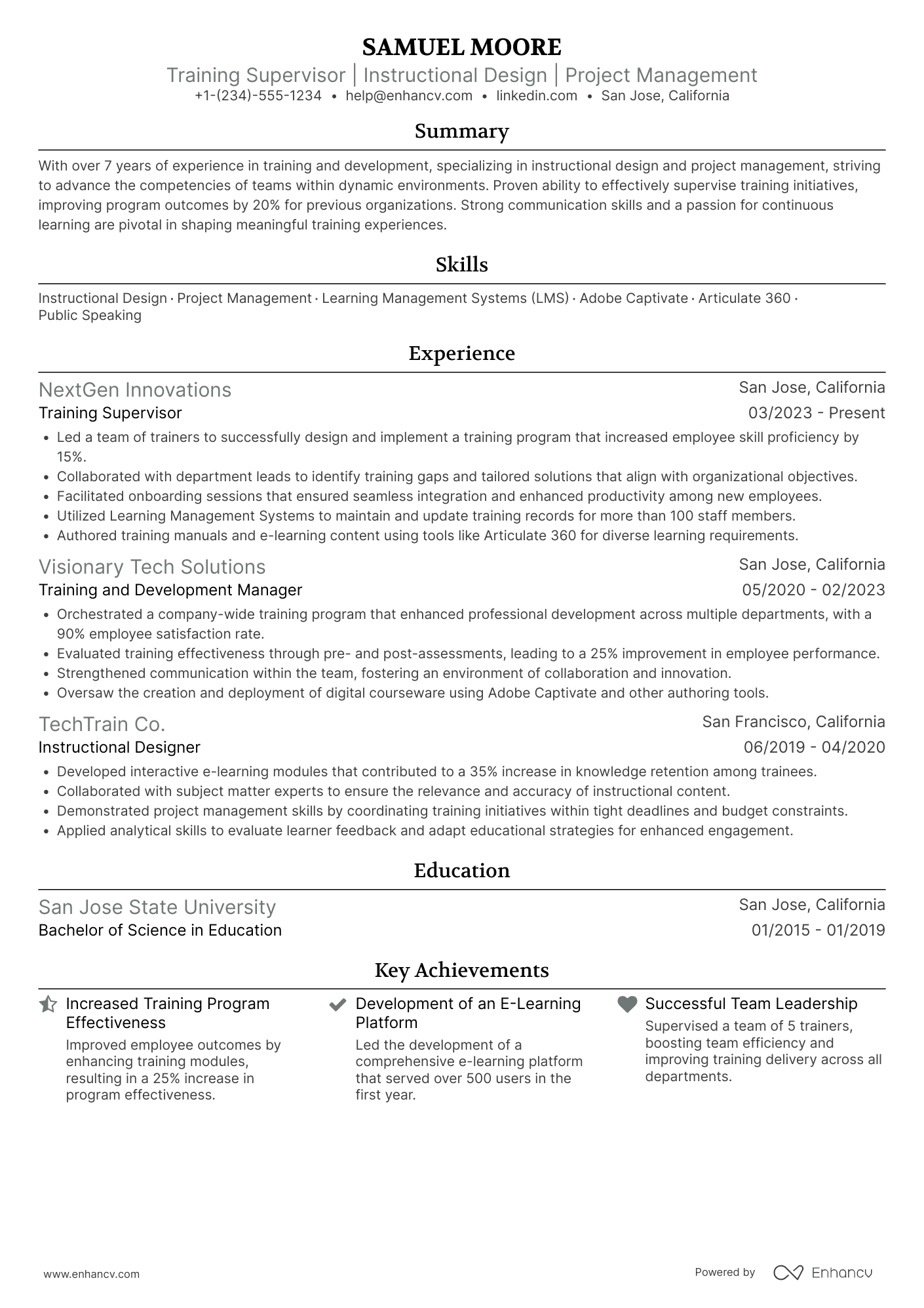 A resume example of a Training Supervisor