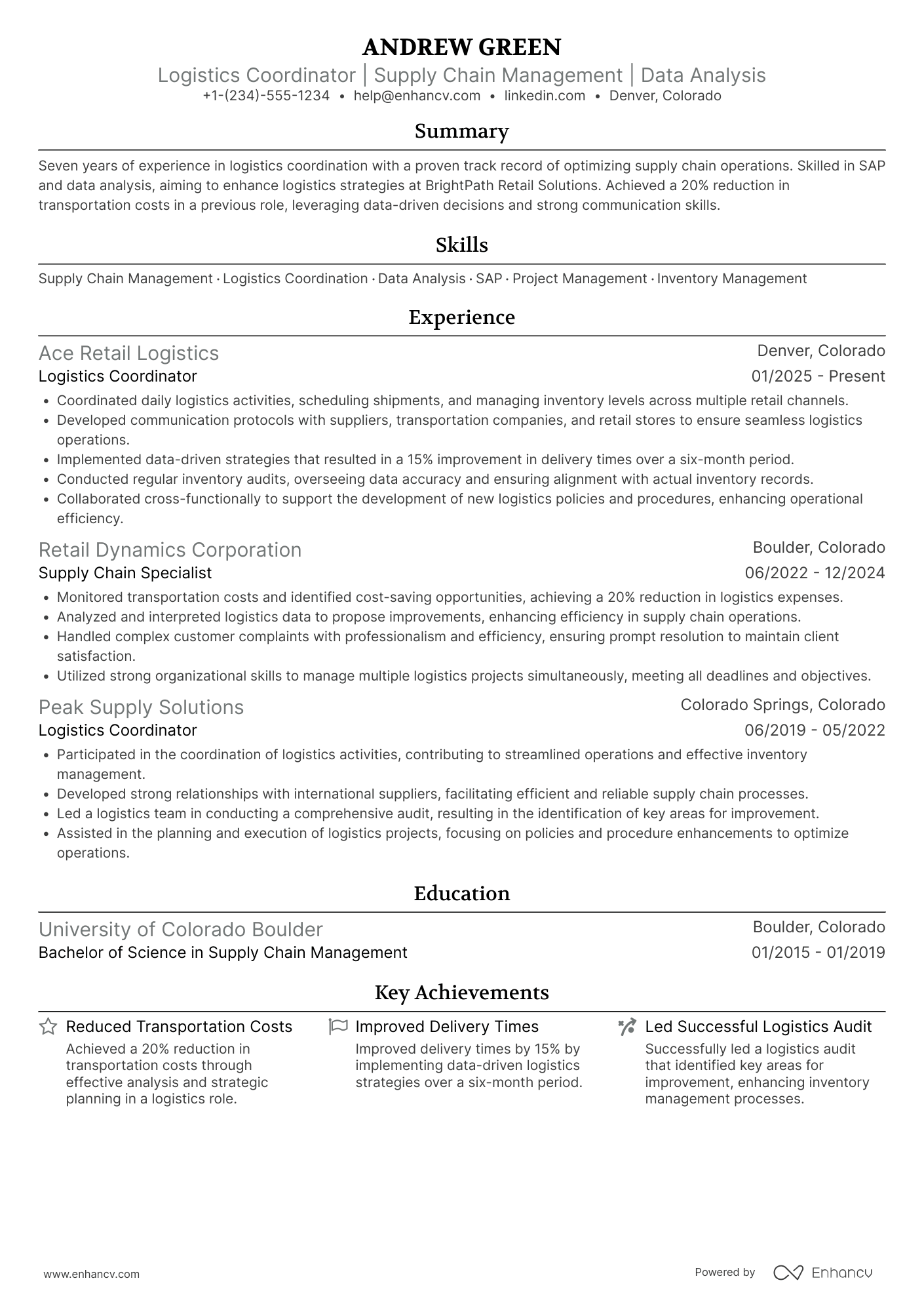 A resume example of a Retail Logistics Coordinator