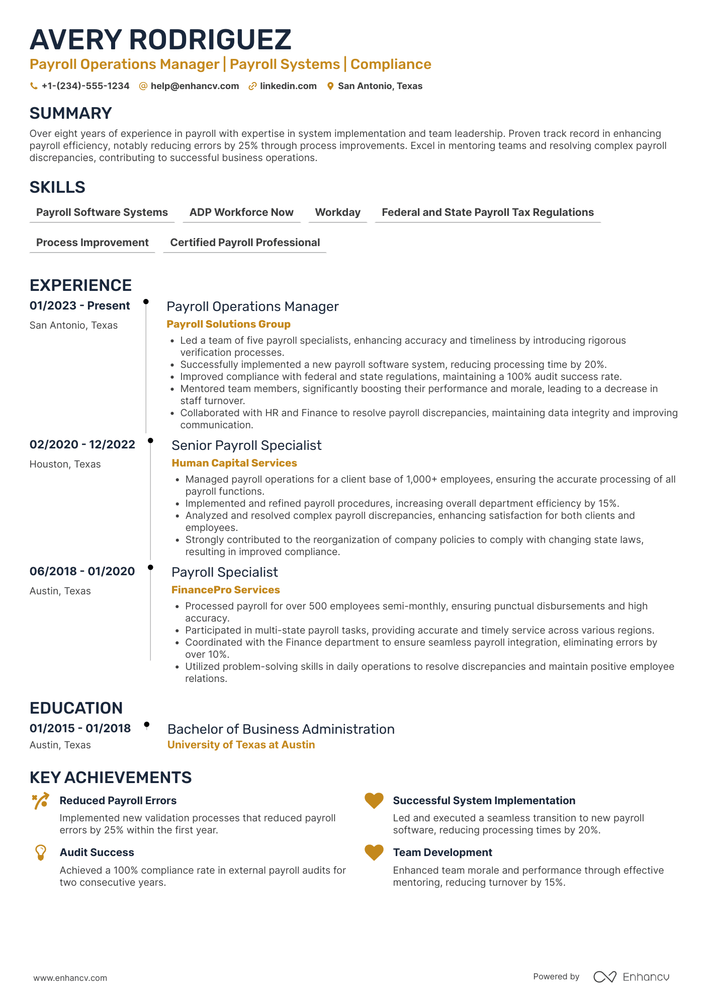 A resume example of a Payroll Operations Manager