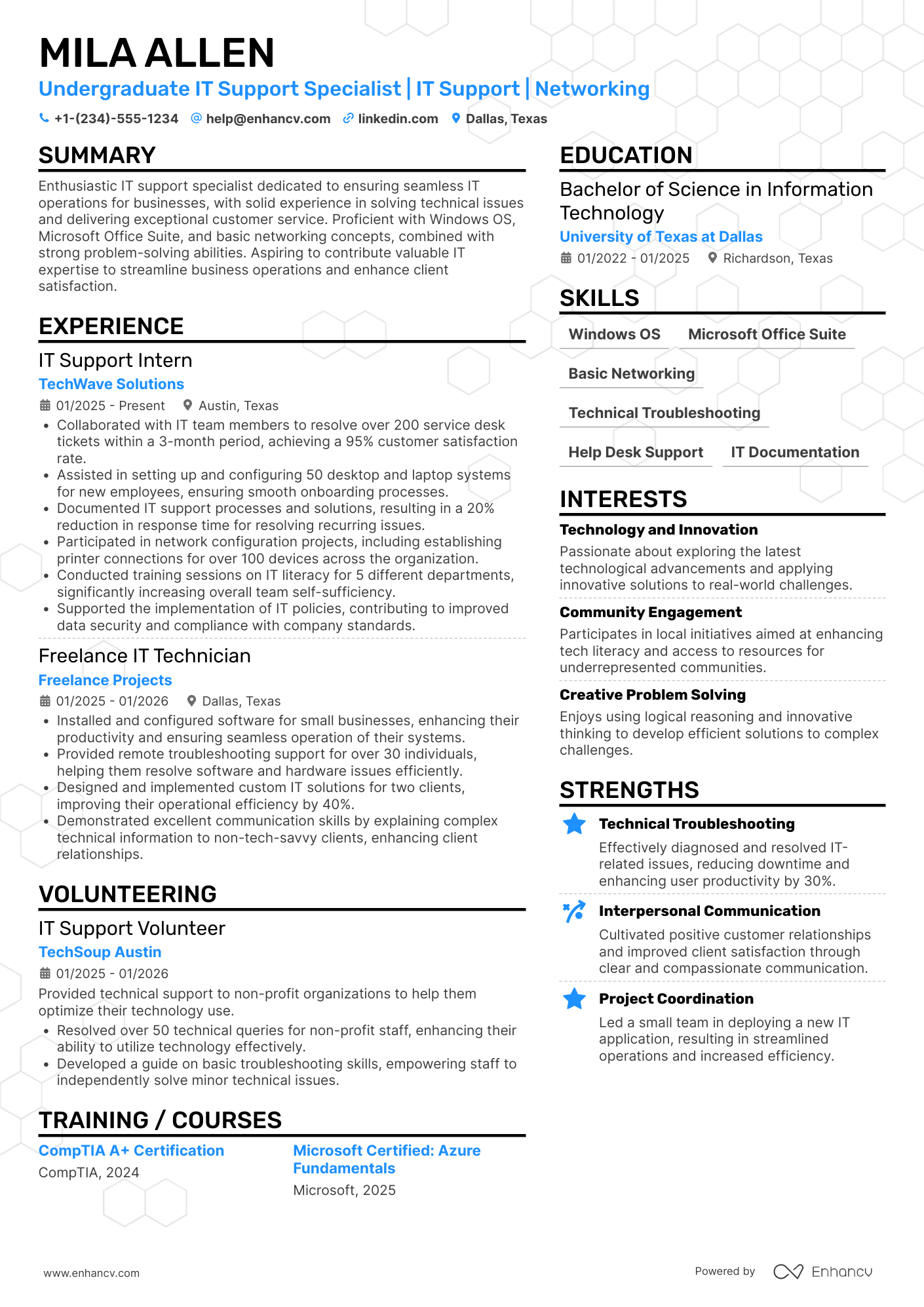A resume example of a Undergraduate IT Support Specialist