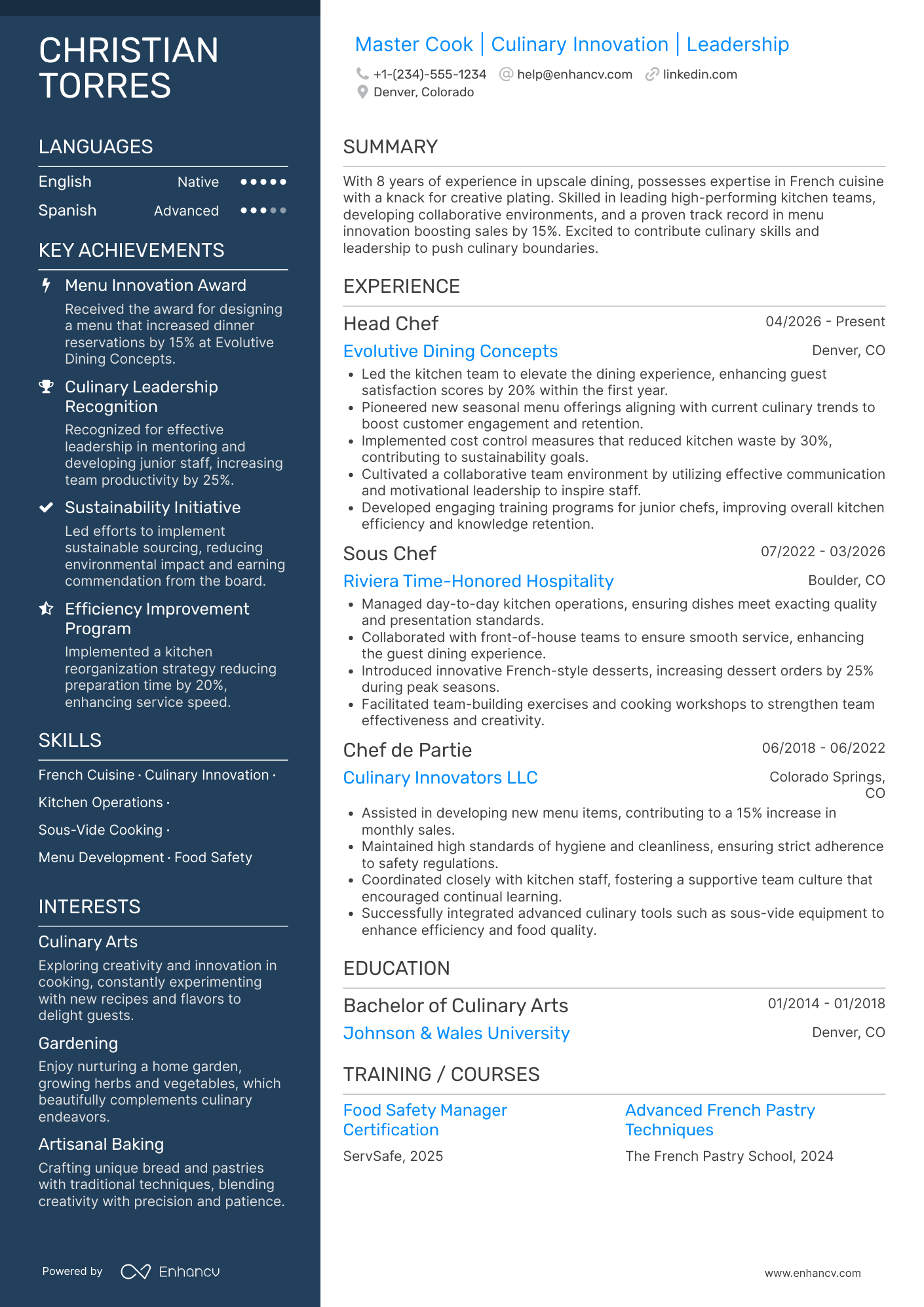 A resume example of a Master Cook