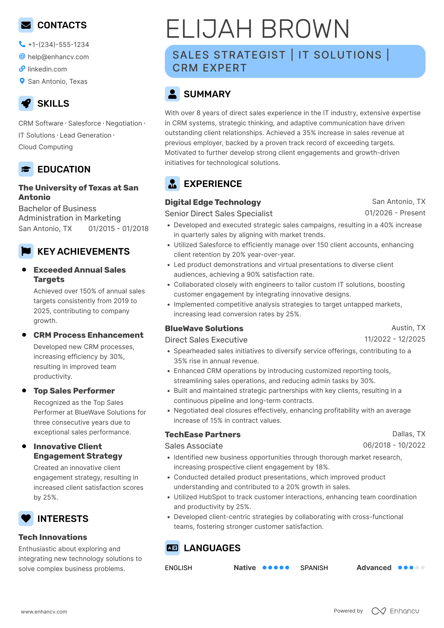 A resume example of a Direct Sales Representative