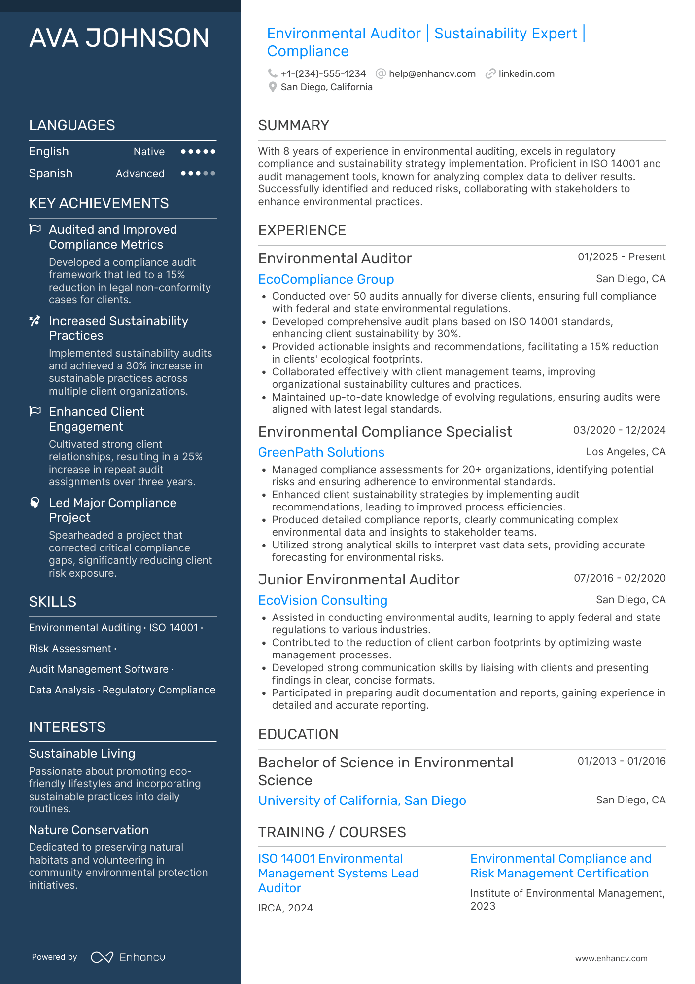A resume example of a Environmental Auditor