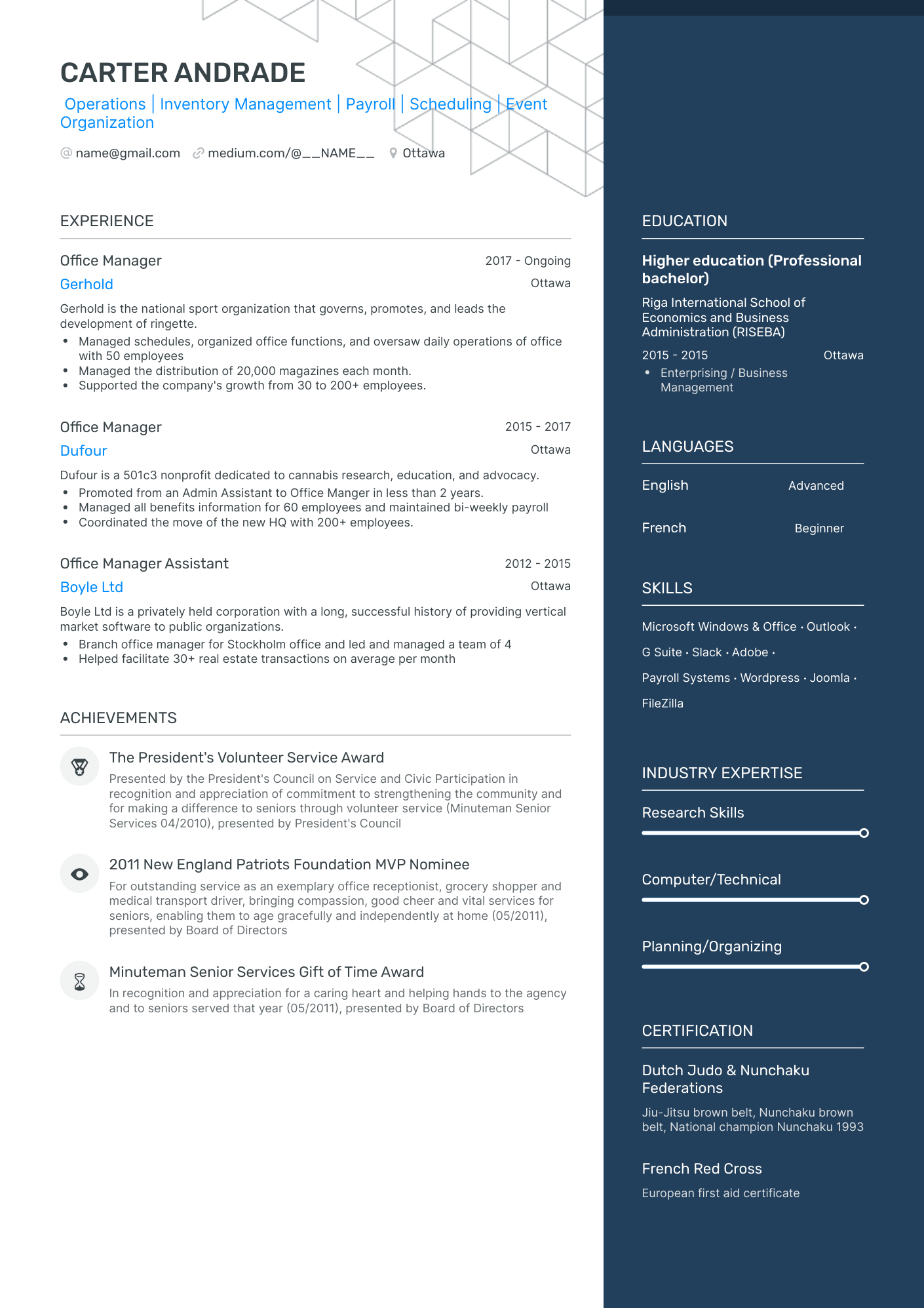 One Page Office Manager Resume Template