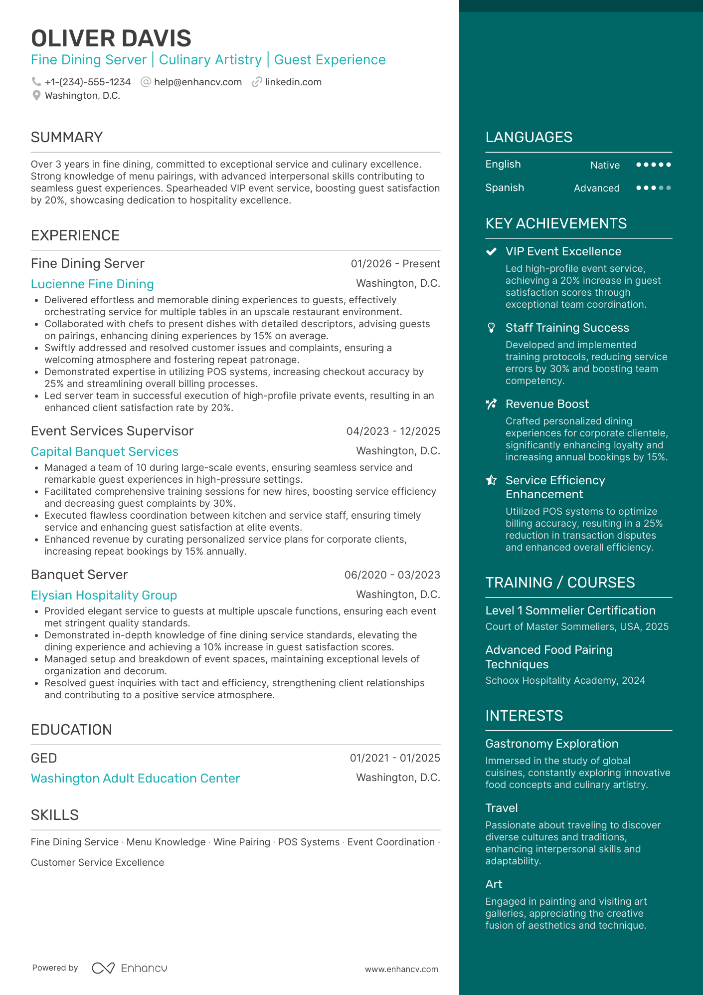 A resume example of a Fine Dining Server