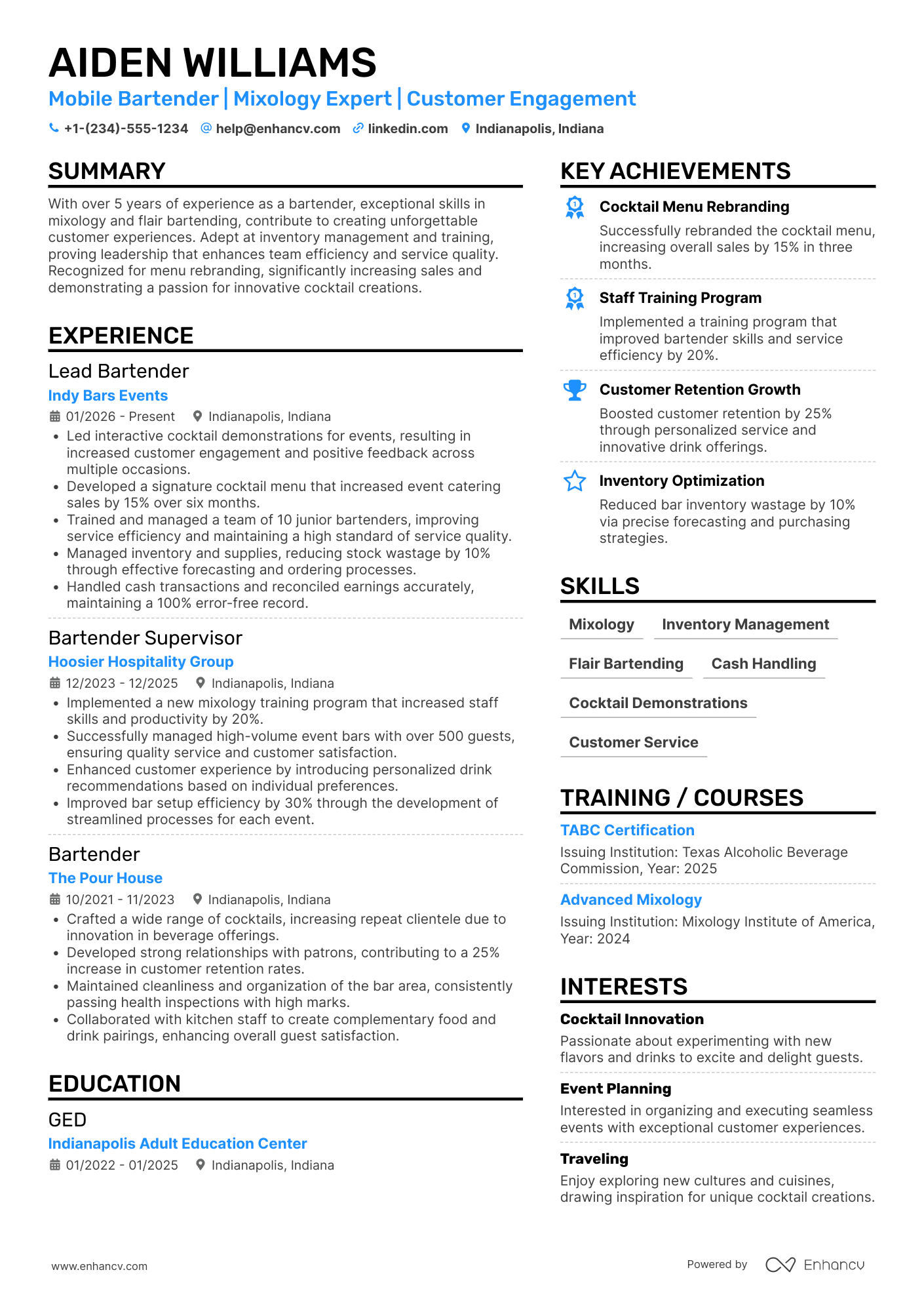 A resume example of a Mobile Bartender