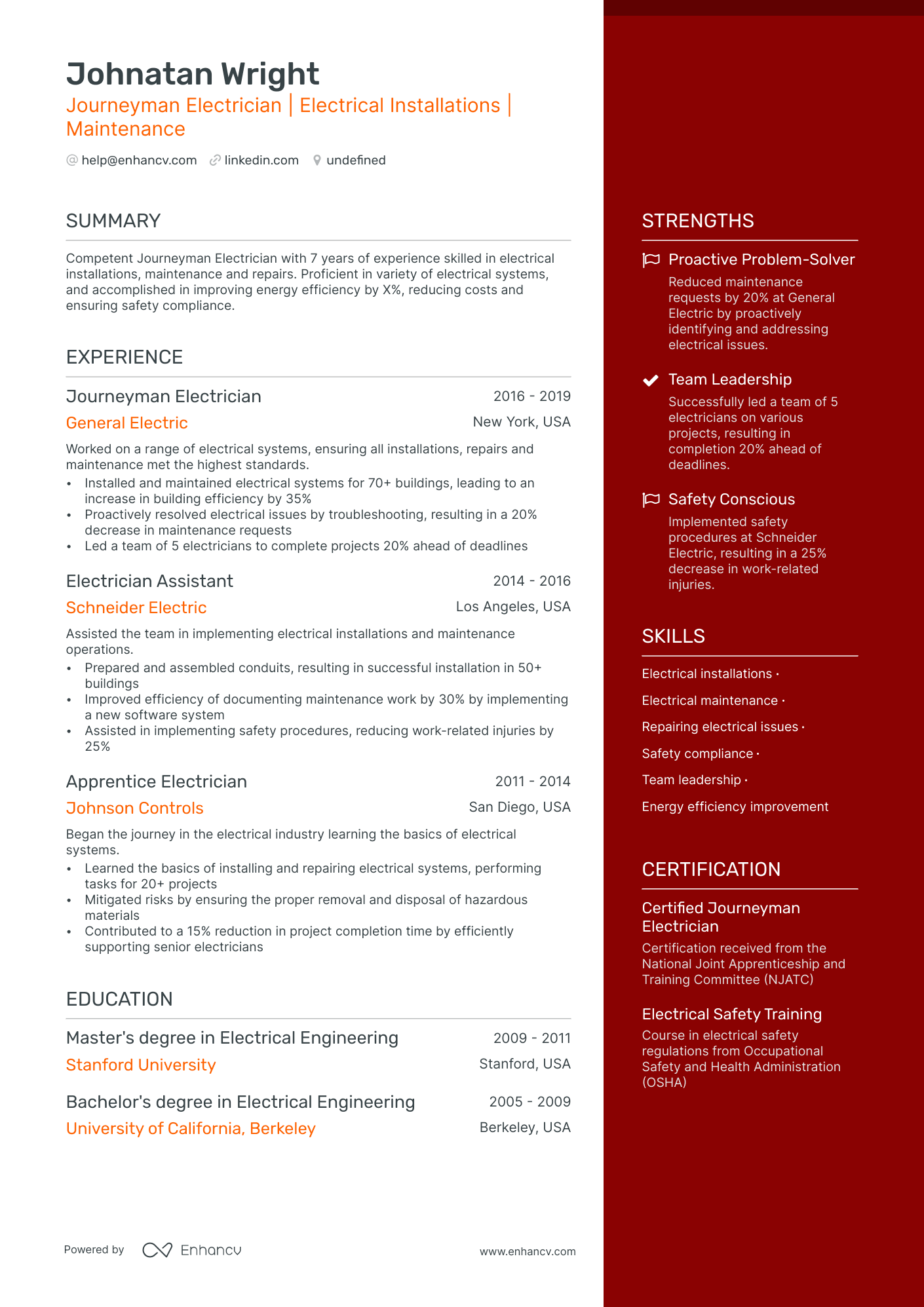 resume template for a electrical technician