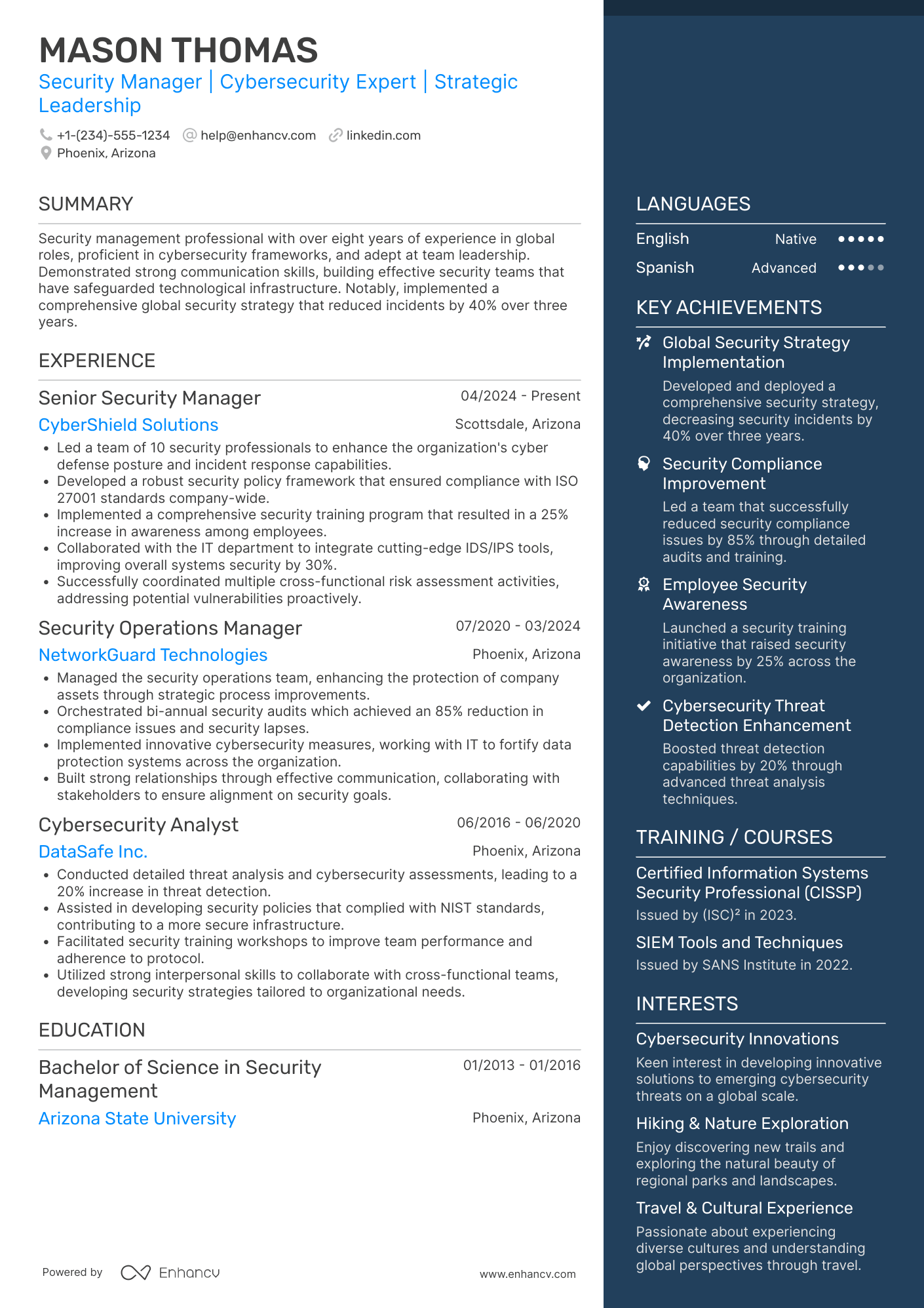 A resume example of a Global Security Manager